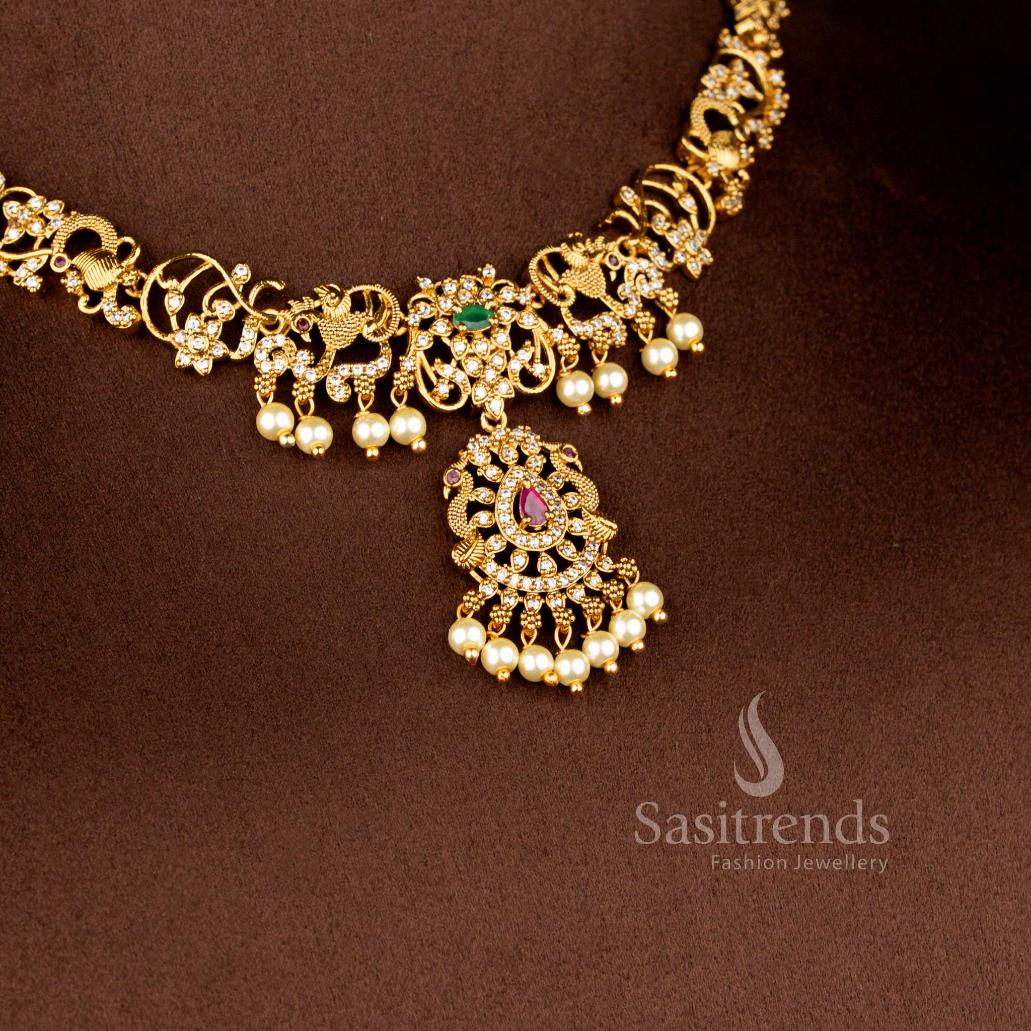 Elegant Temple Matte Gold Plated Floral Peacock AD Necklace Set For Festive Celebrations - Sasitrends - Image 2