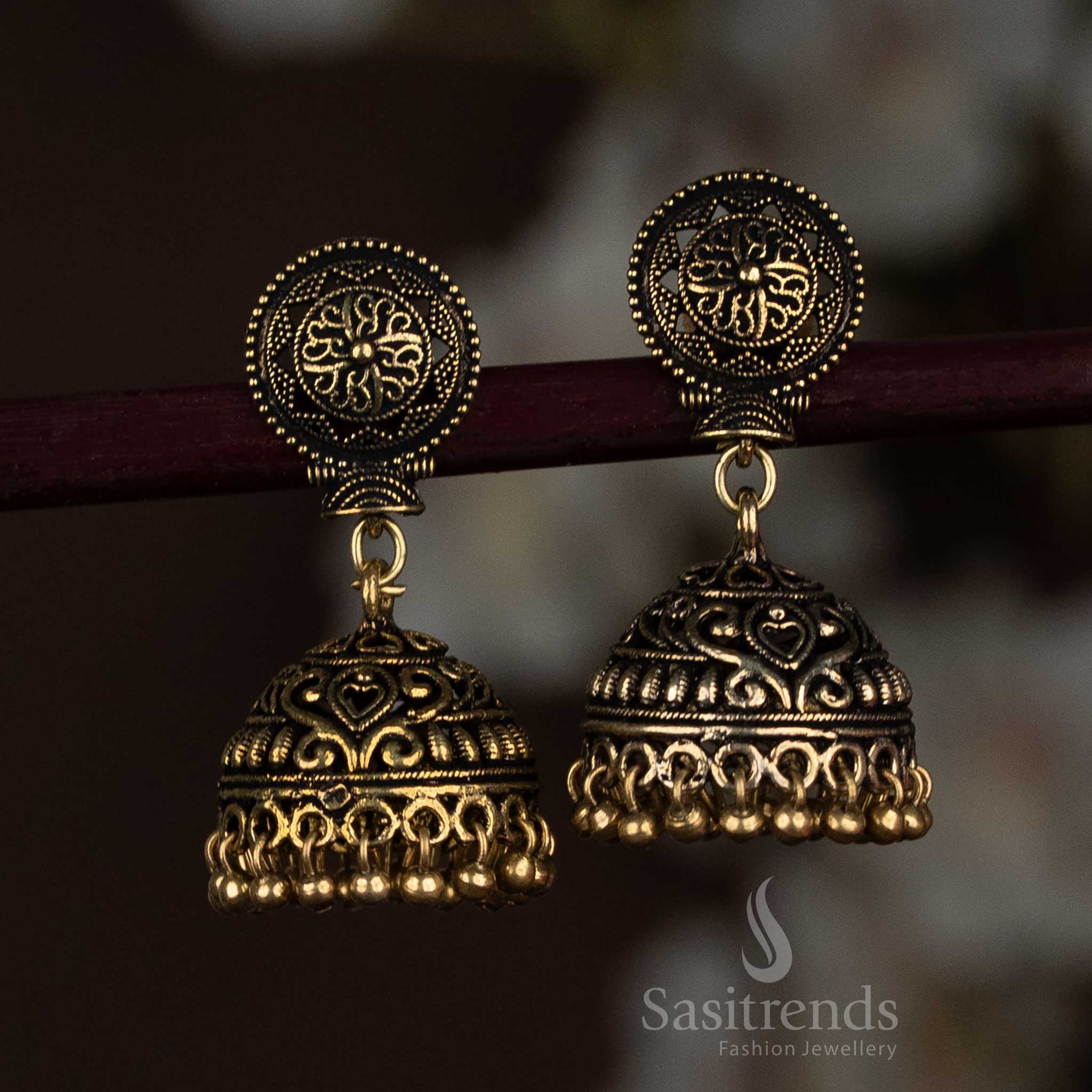 Oxidised Gold and Silver Plated Heart Motif Jhumka Earrings With Delicate Curves And Glossy Metal Touches - Sasitrends - Image 2