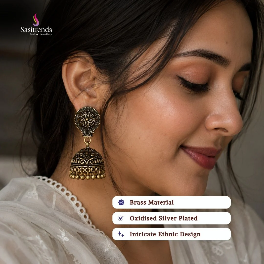 Oxidised Gold and Silver Plated Heart Motif Jhumka Earrings With Delicate Curves And Glossy Metal Touches - Sasitrends - Image 3