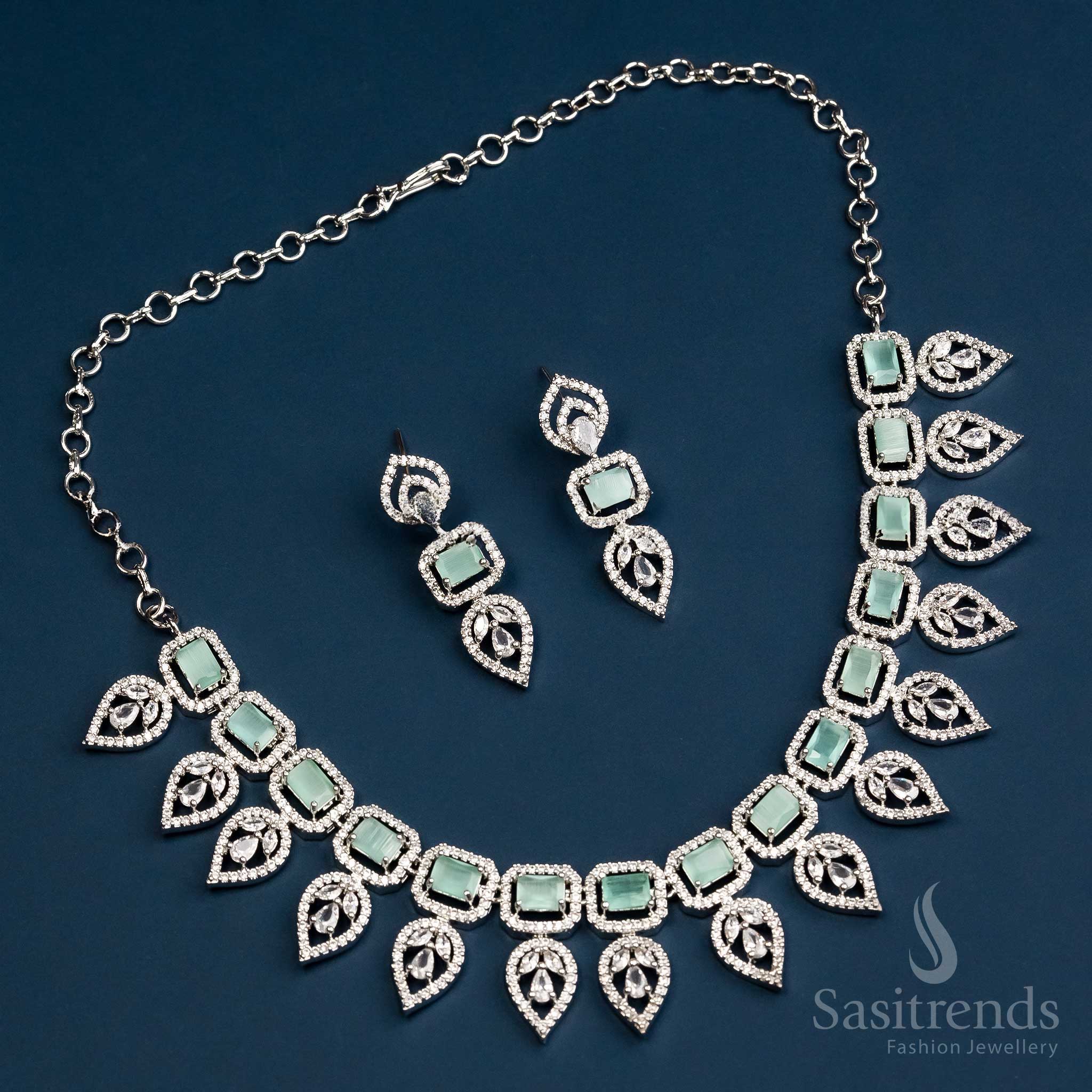 Gorgeous Party Wear Rhodium Silver And Rose Gold Plated Leaf Pattern Necklace Jewellery Set with American Diamonds - Sasitrends
