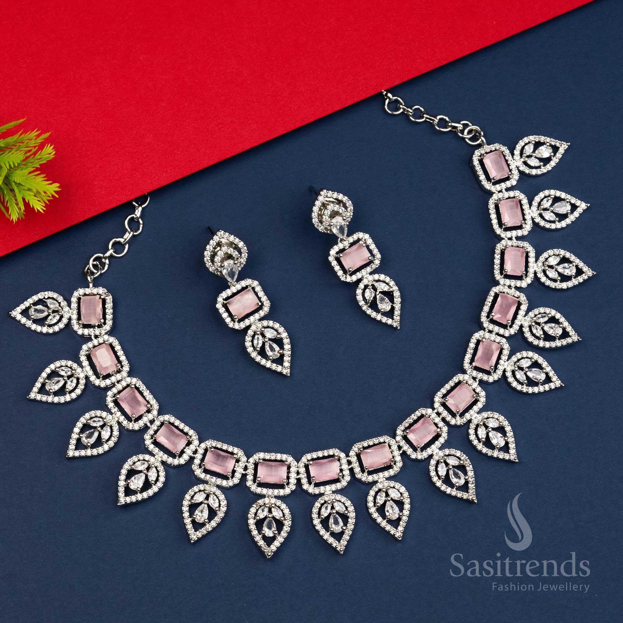 Gorgeous Party Wear Rhodium Silver And Rose Gold Plated Leaf Pattern Necklace Jewellery Set with American Diamonds - Sasitrends - Image 2