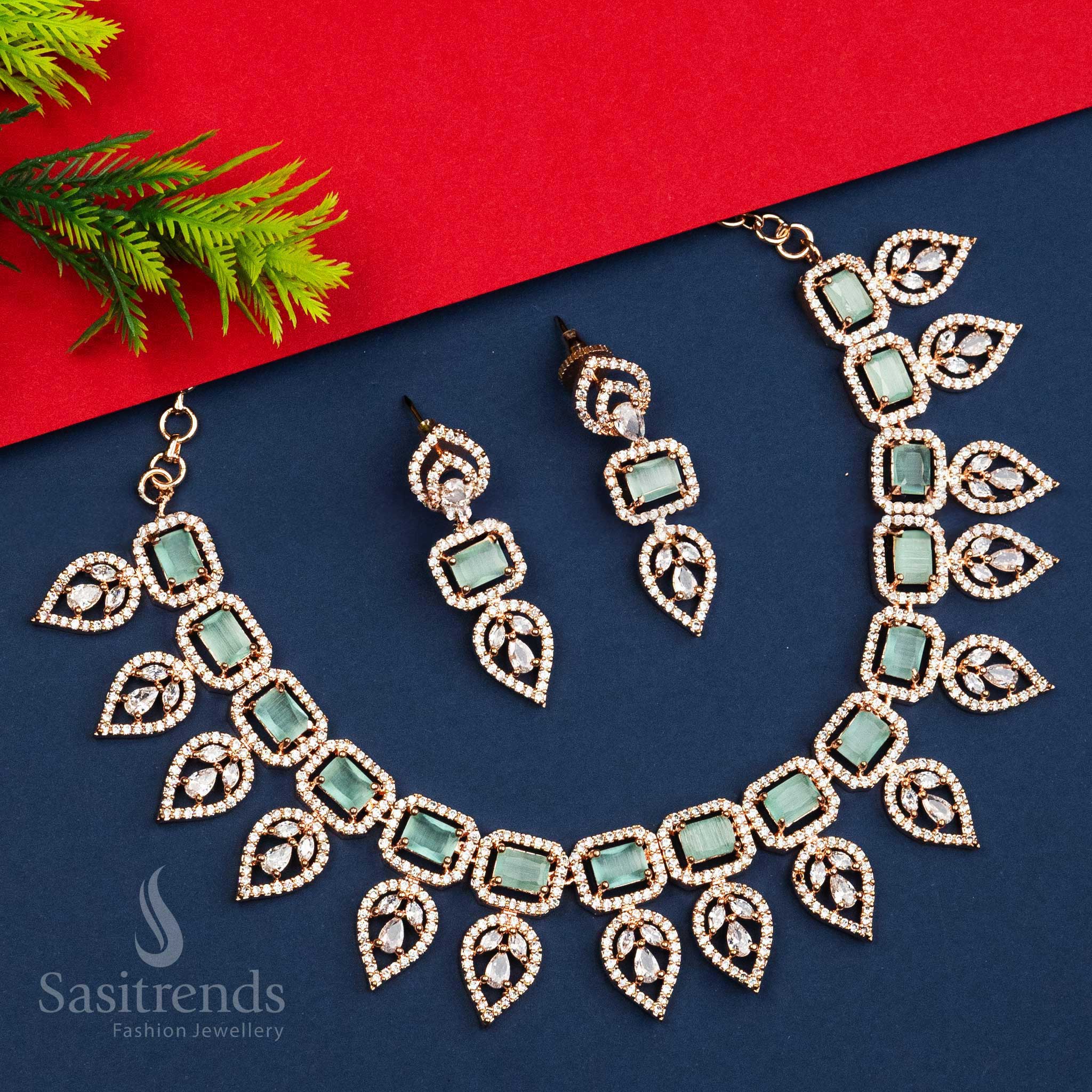 Gorgeous Party Wear Rhodium Silver And Rose Gold Plated Leaf Pattern Necklace Jewellery Set with American Diamonds - Sasitrends - Image 3