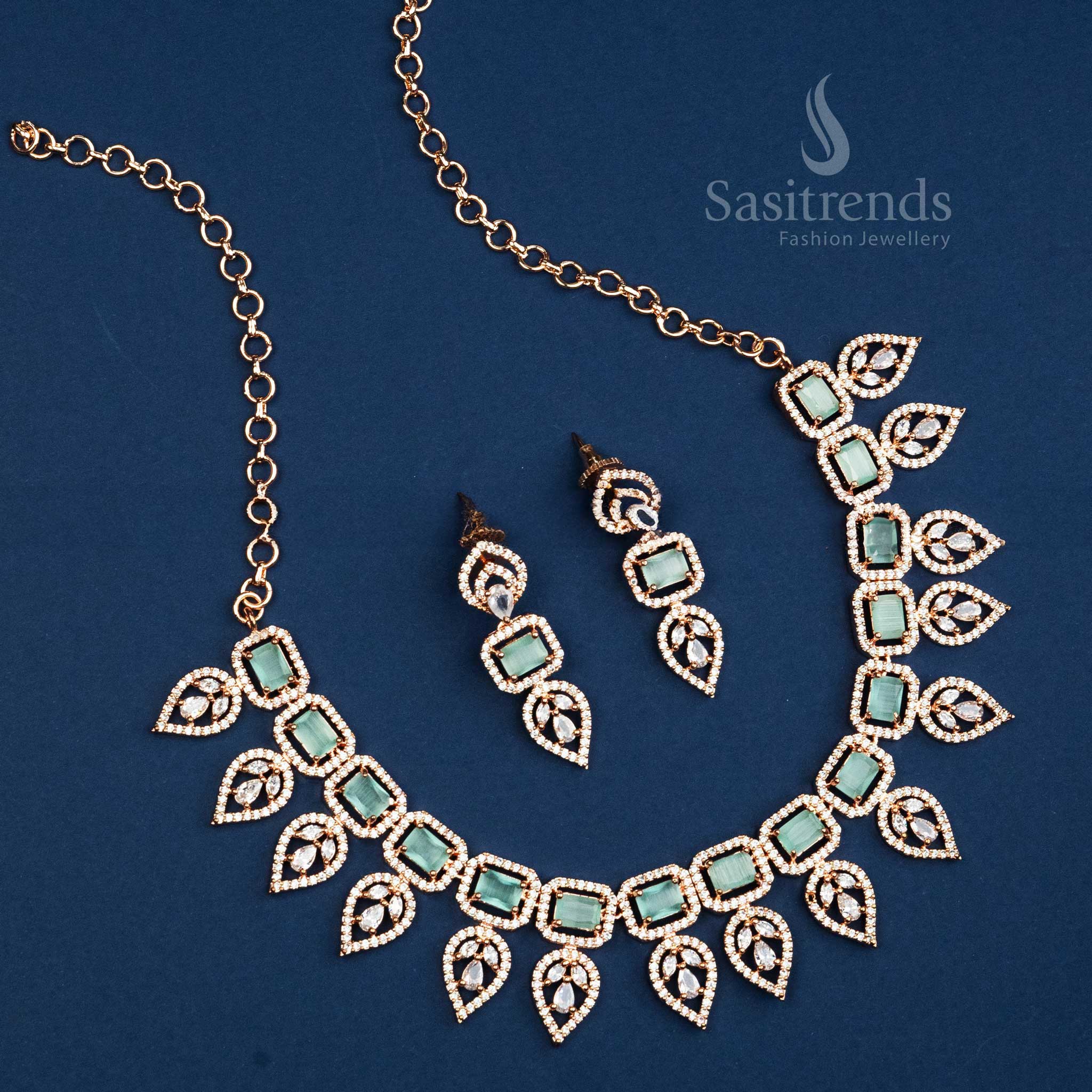 Gorgeous Party Wear Rhodium Silver And Rose Gold Plated Leaf Pattern Necklace Jewellery Set with American Diamonds - Sasitrends - Image 6