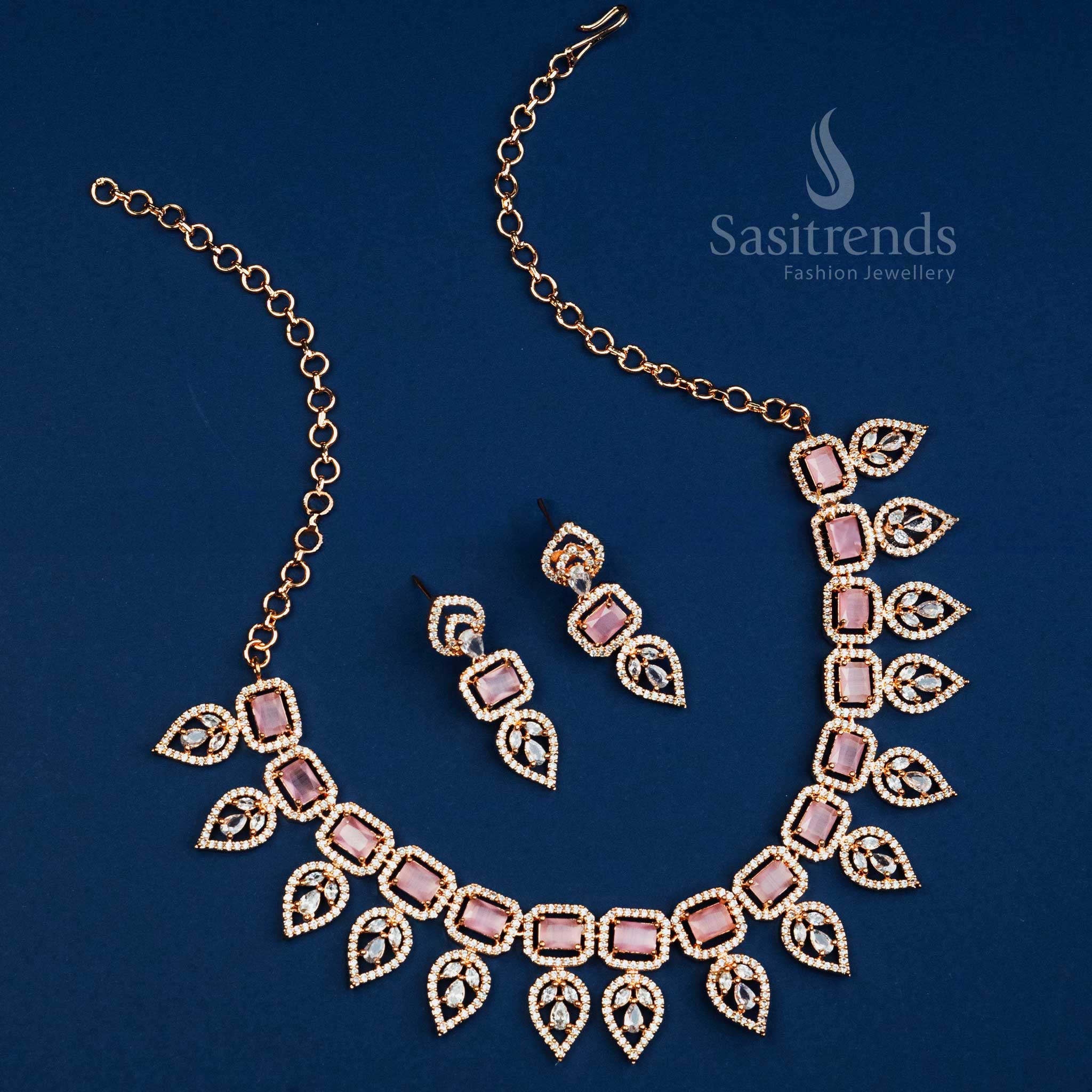 Gorgeous Party Wear Rhodium Silver And Rose Gold Plated Leaf Pattern Necklace Jewellery Set with American Diamonds - Sasitrends - Image 7