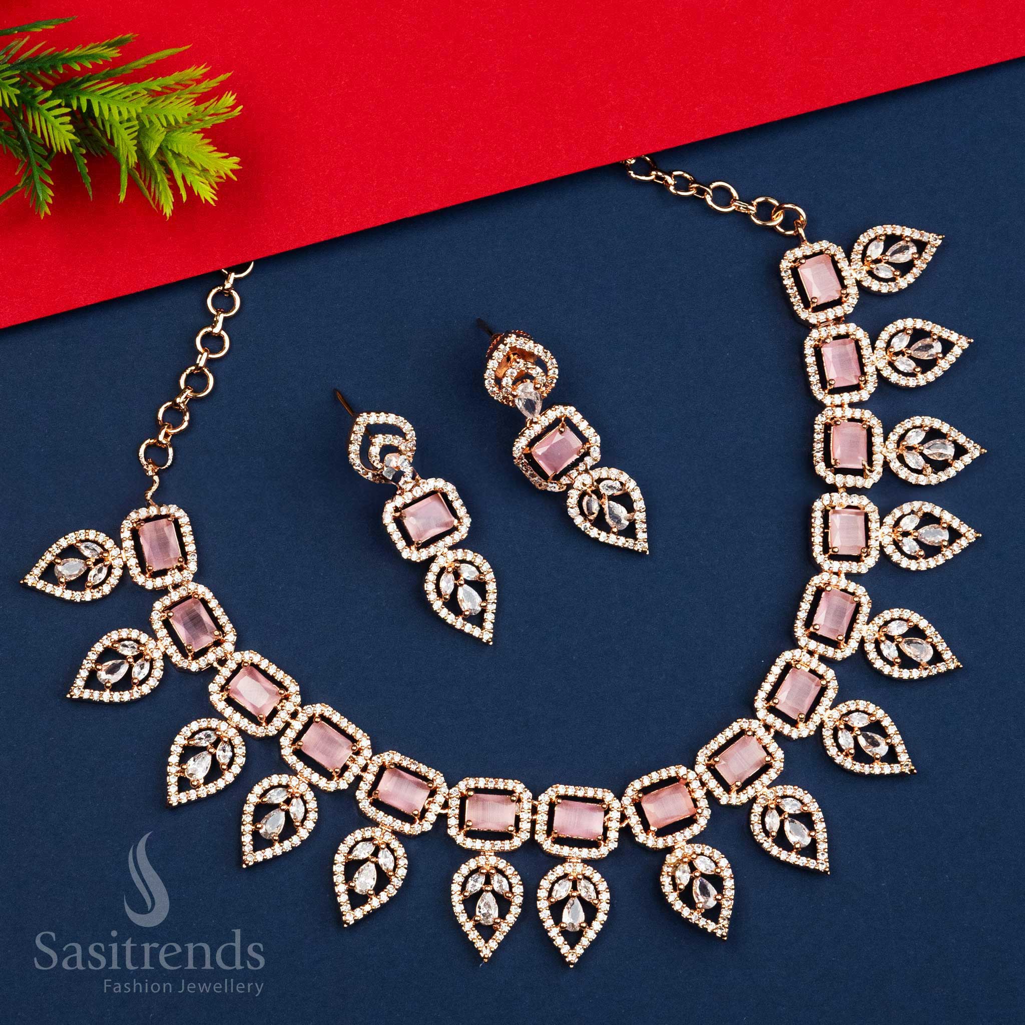 Gorgeous Party Wear Rhodium Silver And Rose Gold Plated Leaf Pattern Necklace Jewellery Set with American Diamonds - Sasitrends - Image 8