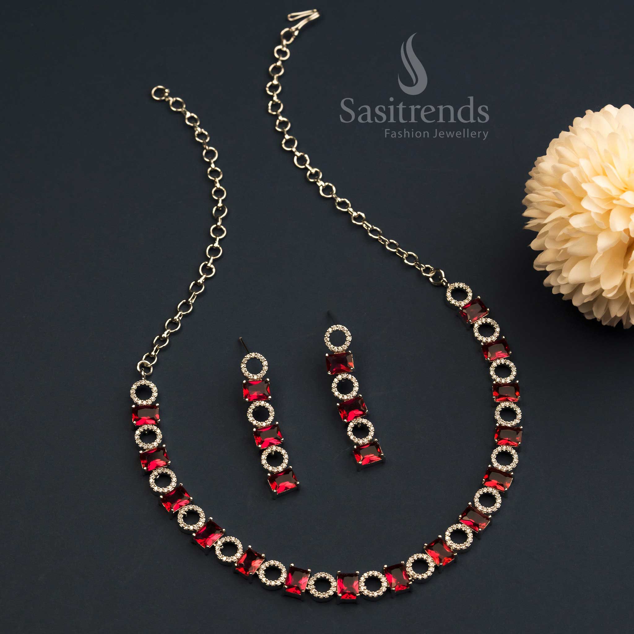 Gorgeous Rose Gold Plated American Diamond Necklace Jewellery Set for Parties and Festive Occasions - Sasitrends - Image 13