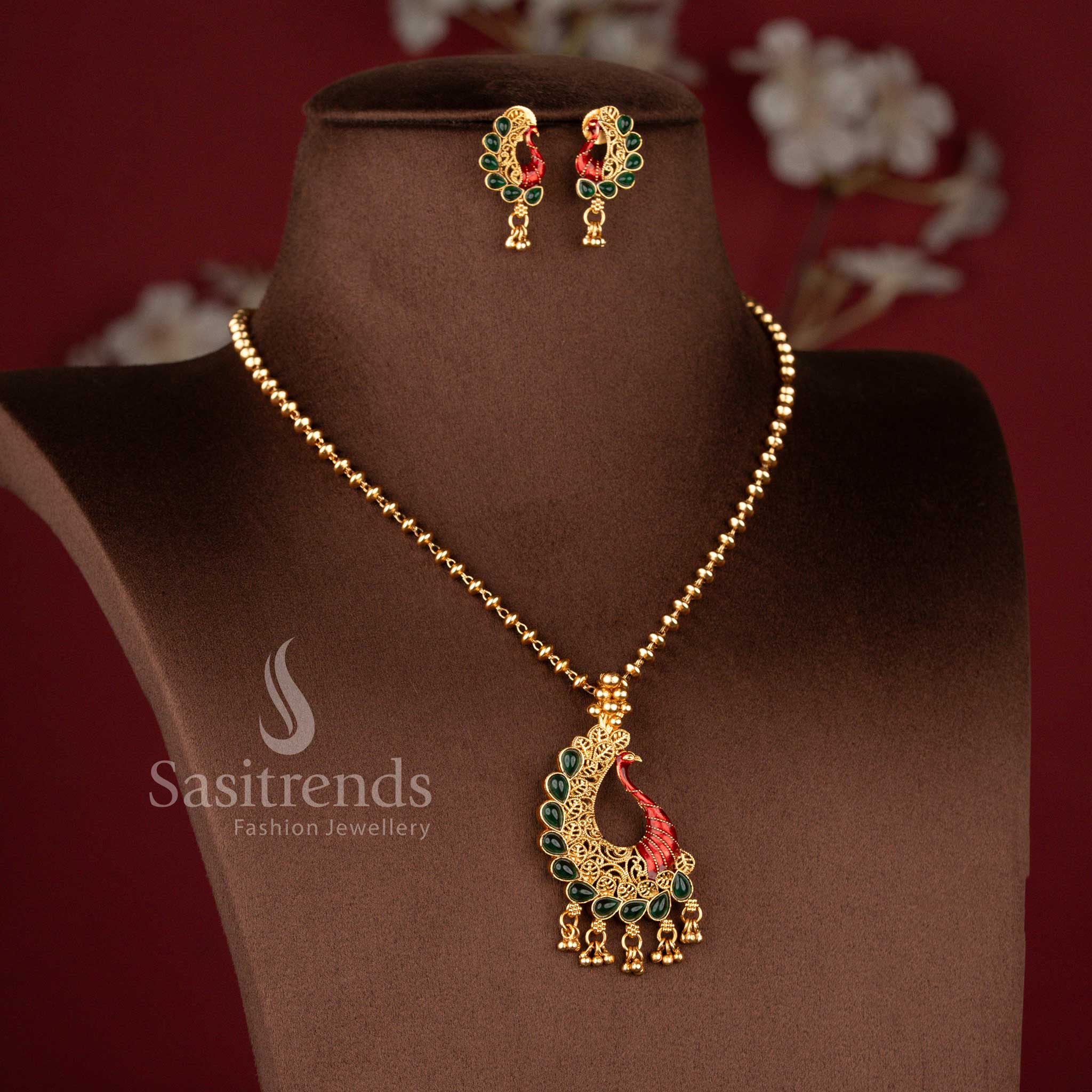 Classic Temple Matte Gold Plated Enamel Painted Peacock Necklace Jewellery Sets for Festive Wear - Sasitrends