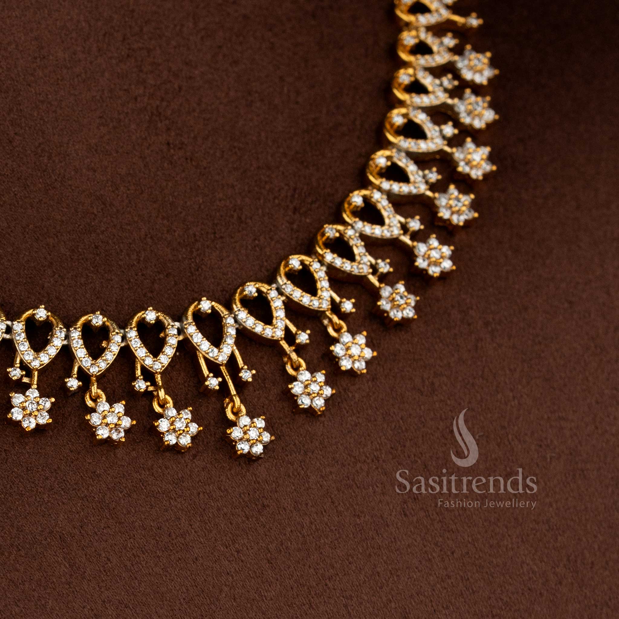 American Diamond Matte Gold Plated Floral Studded Single-Layer Necklace Jewellery Set for Wedding, Saree Wear & Festive Occasions - Image 3