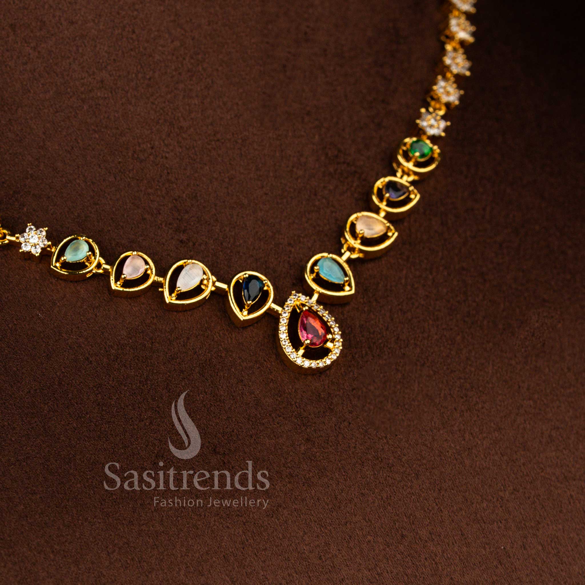 Charming American Diamond Matte Gold Plated Floral & Teardrop Motif Necklace Jewellery Set | Party & Wedding Wear - Image 3