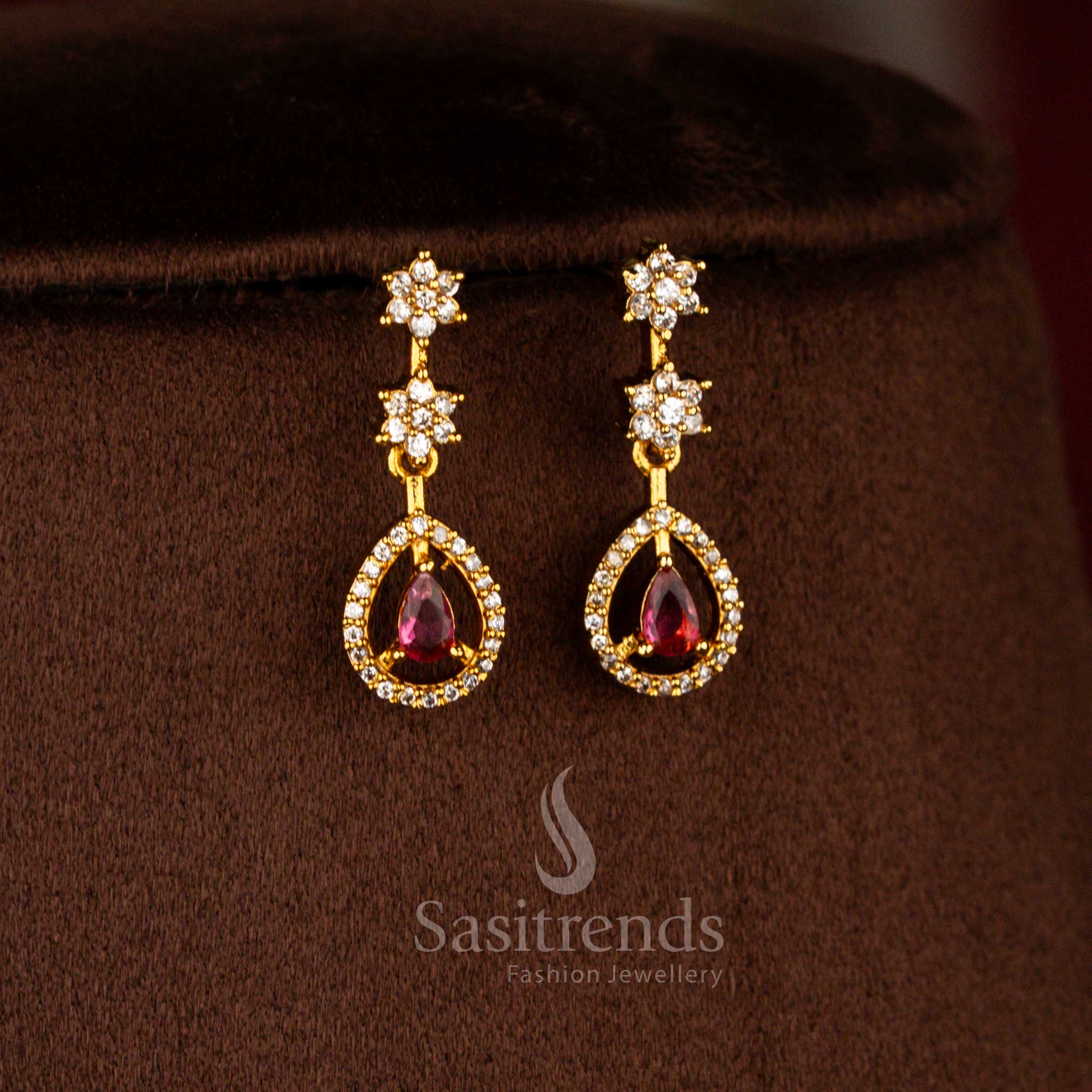 Charming American Diamond Matte Gold Plated Floral & Teardrop Motif Necklace Jewellery Set | Party & Wedding Wear - Image 4