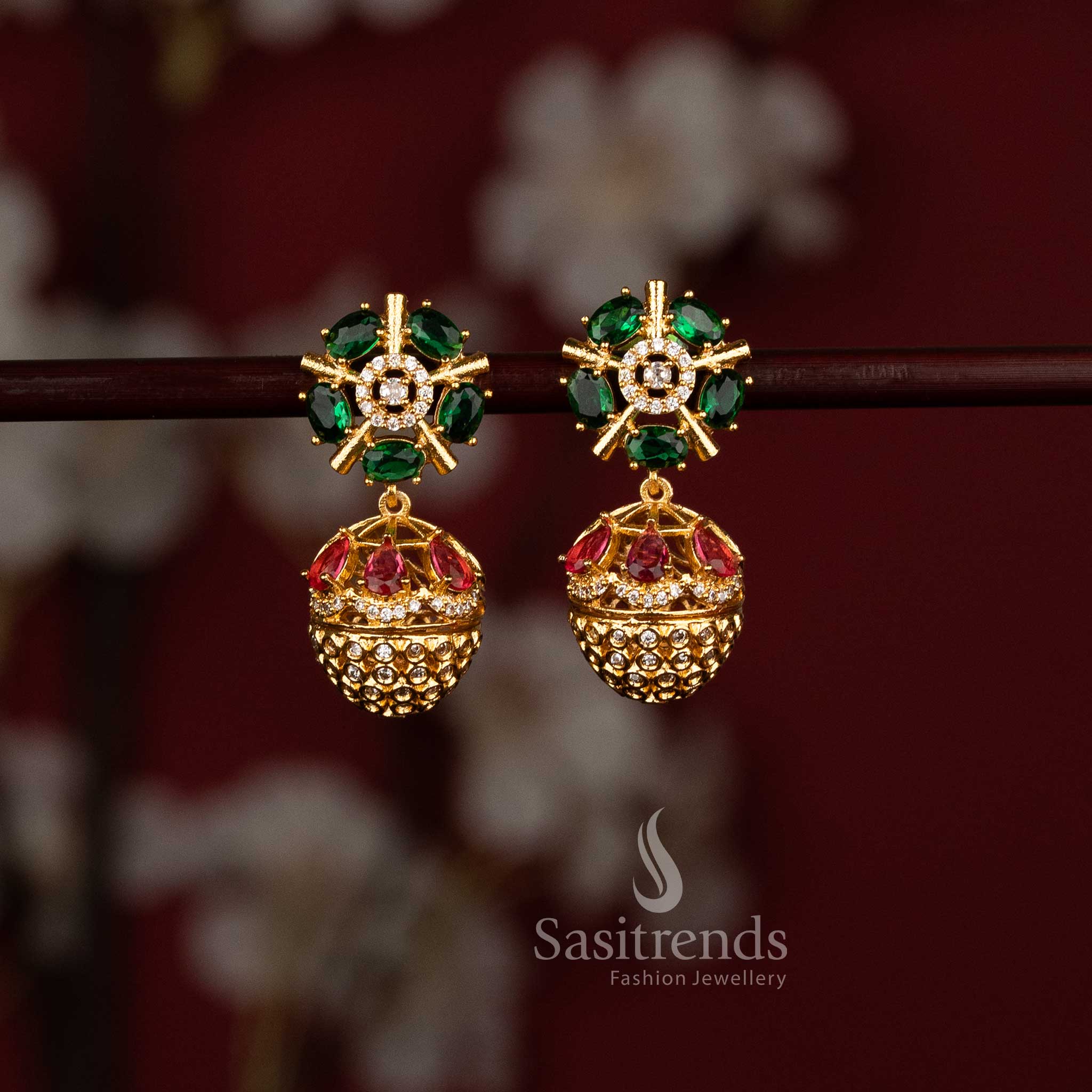 Elegant Party wear American Diamond Matte Gold Plated Floral Wheel Stud Earrings with Structured Dome Drop Jhumka Design - Image 5