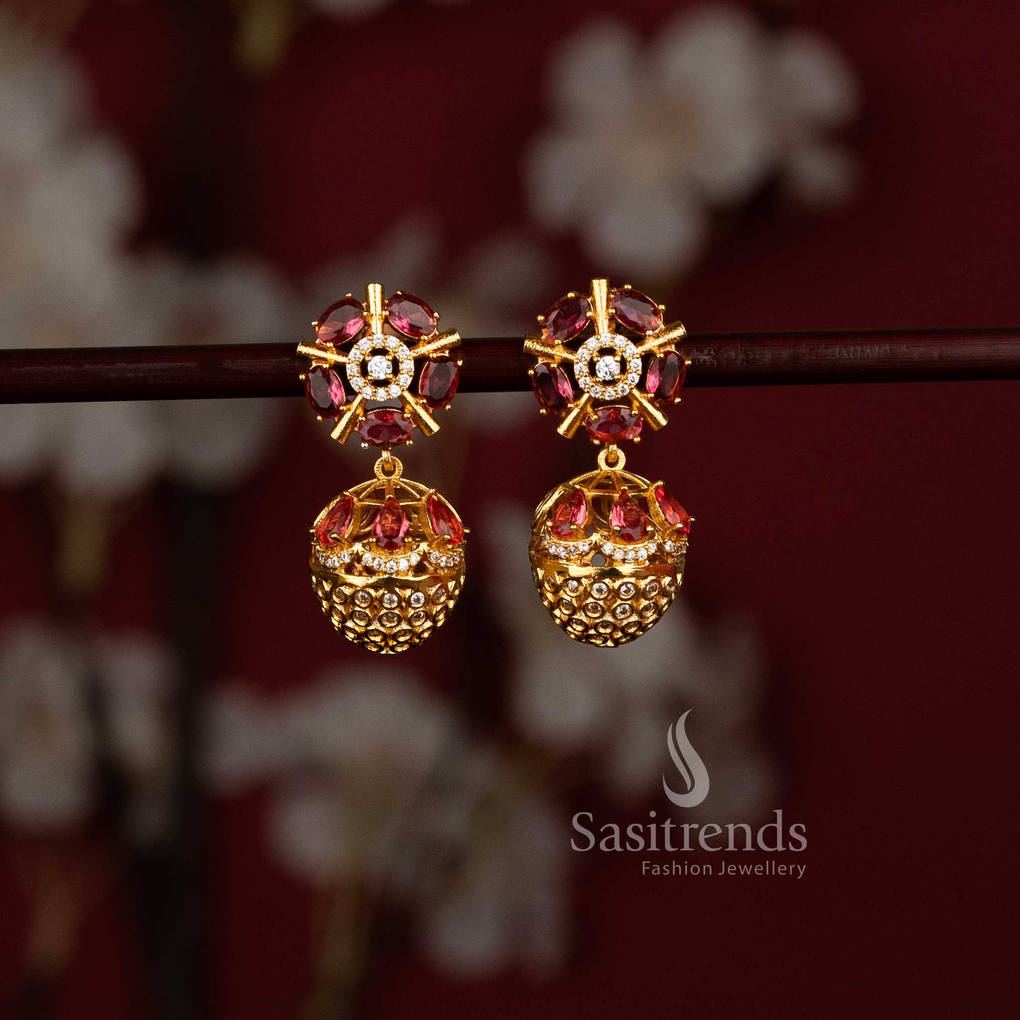 Elegant Party wear American Diamond Matte Gold Plated Floral Wheel Stud Earrings with Structured Dome Drop Jhumka Design - Image 6