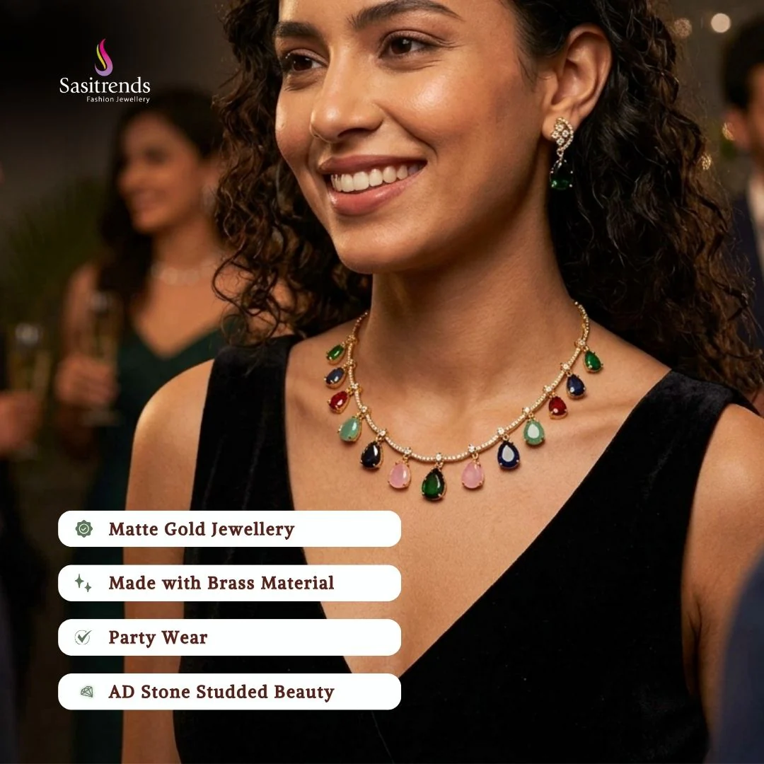 Dazzling Party Wear American Diamond Matte Gold Plated Multi Teardrop Dangle Necklace Jewellery Set with Structured Drop Motif - Image 2
