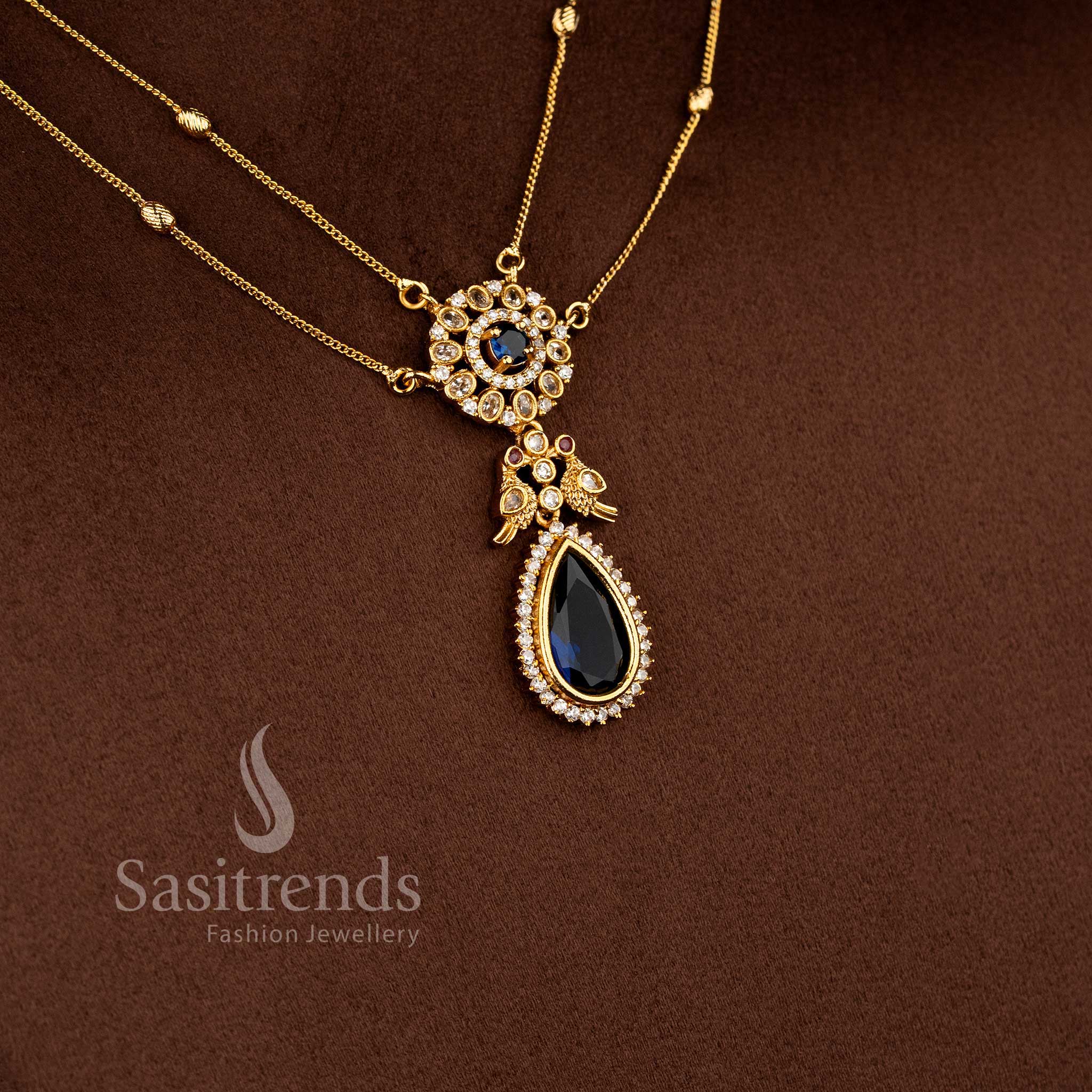 Elegant American Diamond Matte Gold Two Line Chain Necklace Set for Women | Dual Layer Traditional Jewellery - Image 18