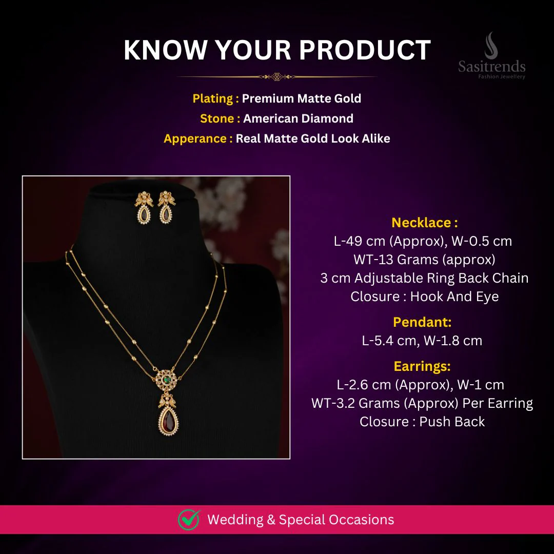 Elegant American Diamond Matte Gold Two Line Chain Necklace Set for Women | Dual Layer Traditional Jewellery - Image 4