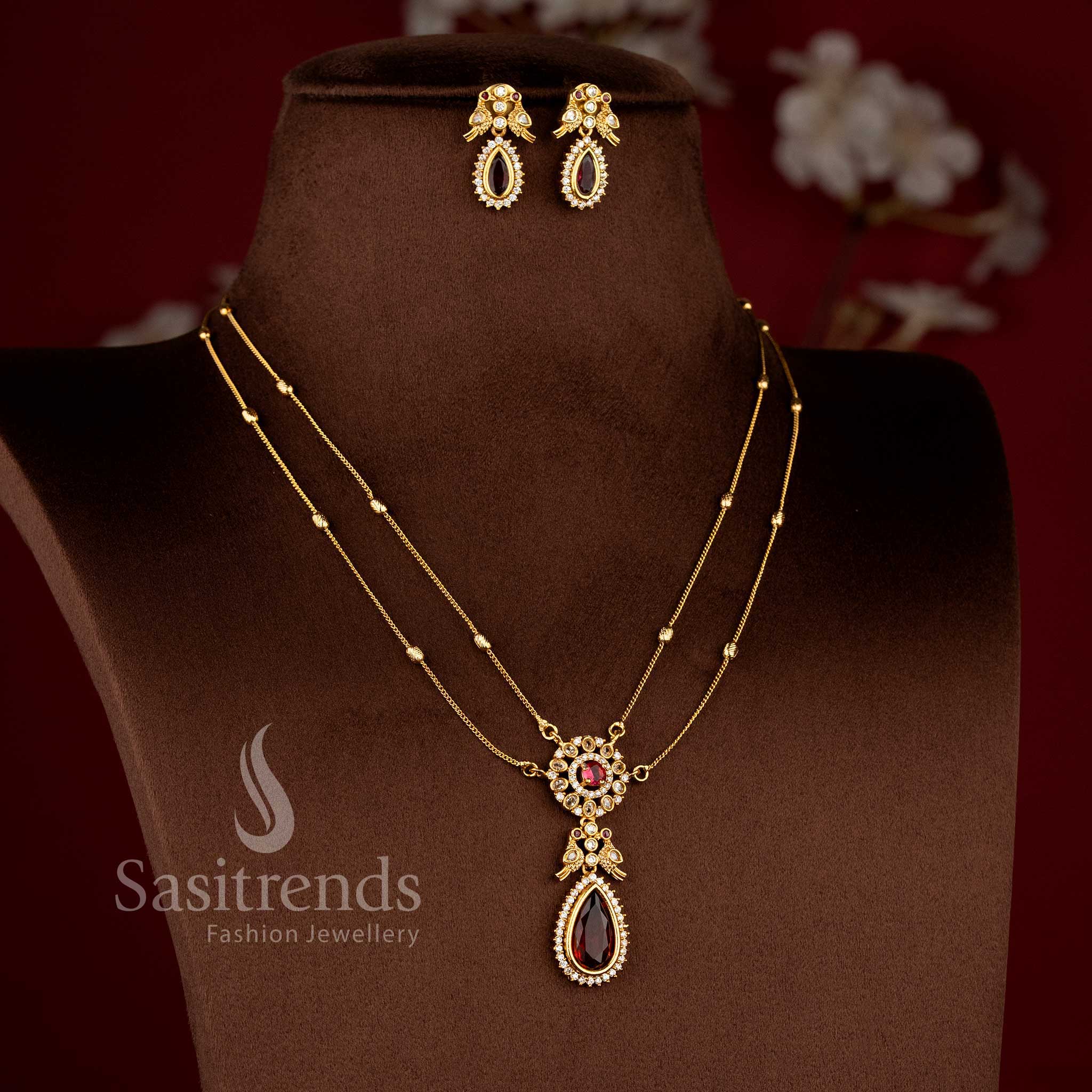 Elegant American Diamond Matte Gold Two Line Chain Necklace Set for Women | Dual Layer Traditional Jewellery - Image 6