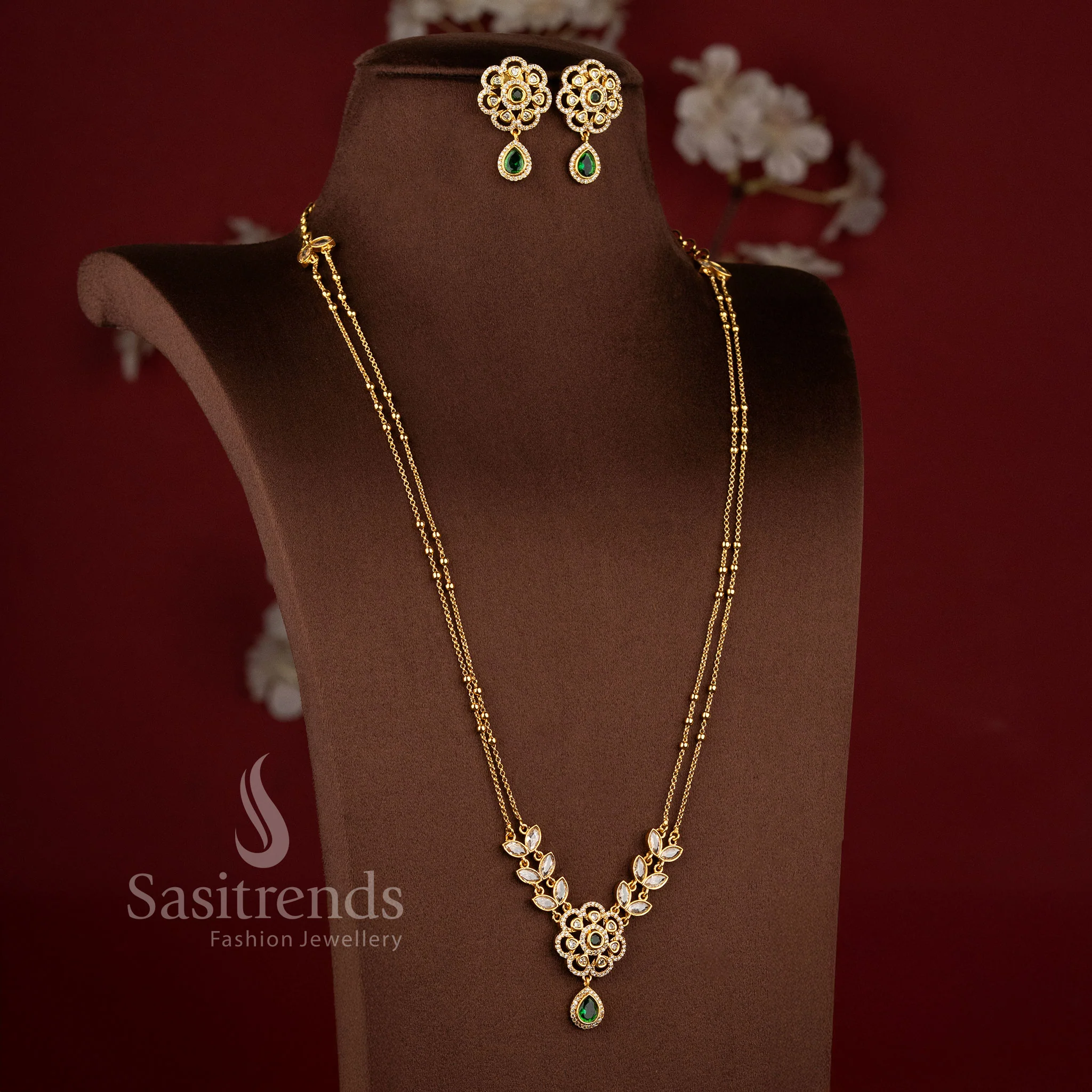 Exquisite American Diamond Matte Gold Two Line Floral Necklace Set for Women | Elegant Dual Layer Traditional Jewellery