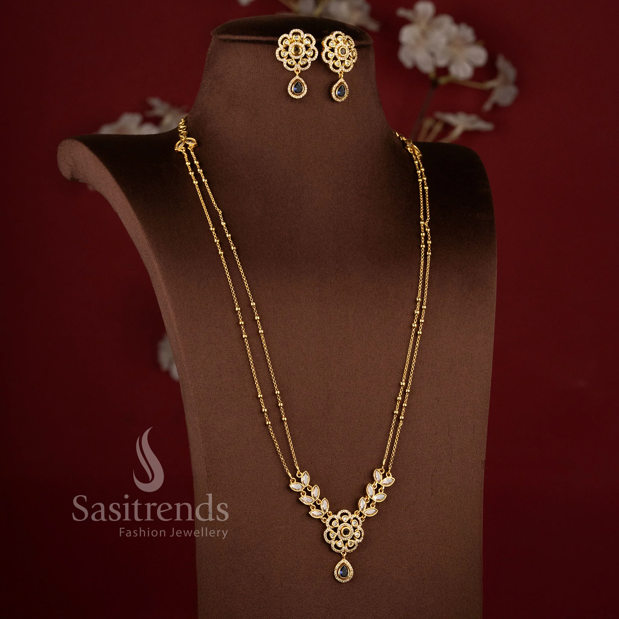 Exquisite American Diamond Matte Gold Two Line Floral Necklace Set for Women | Elegant Dual Layer Traditional Jewellery - Image 10