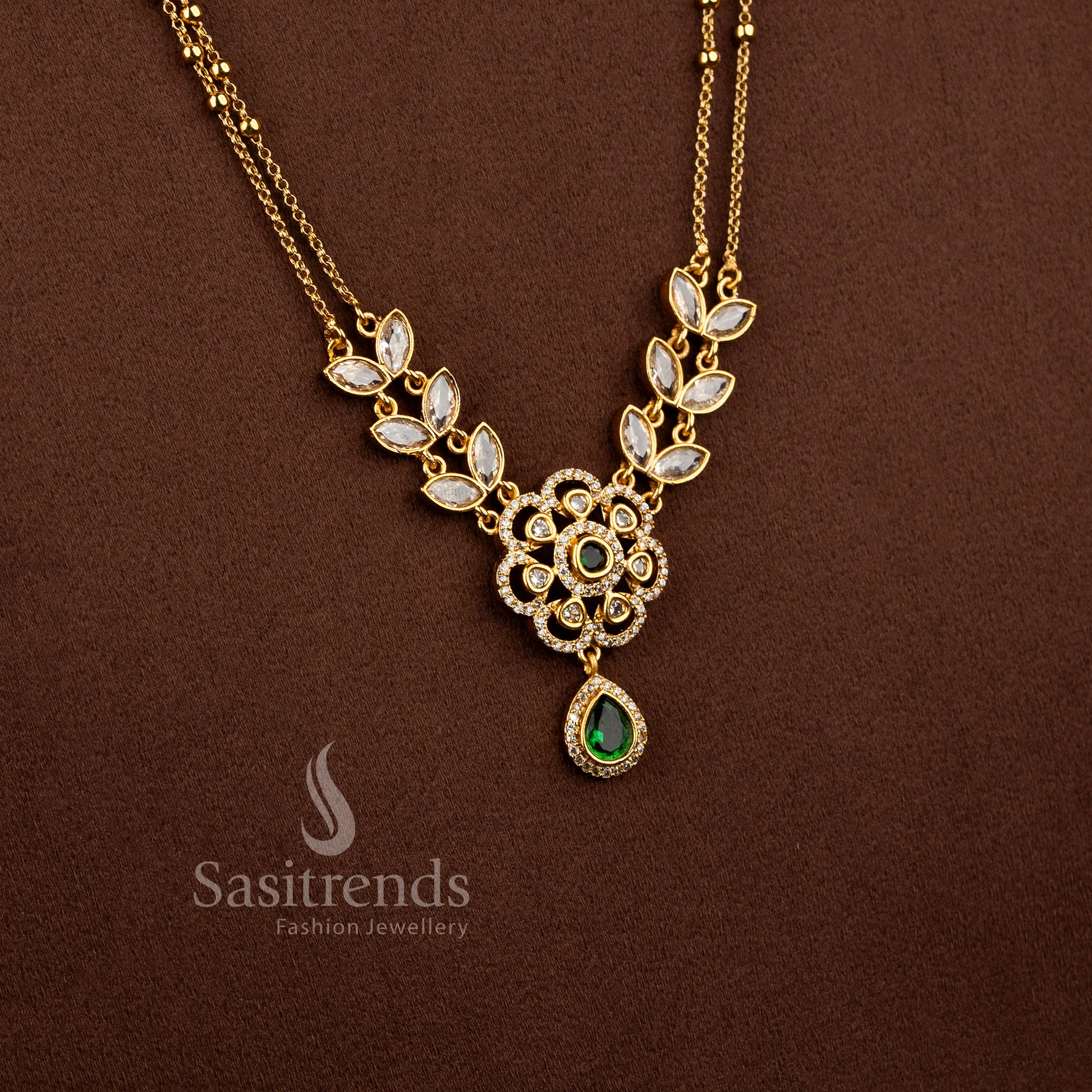 Exquisite American Diamond Matte Gold Two Line Floral Necklace Set for Women | Elegant Dual Layer Traditional Jewellery - Image 18