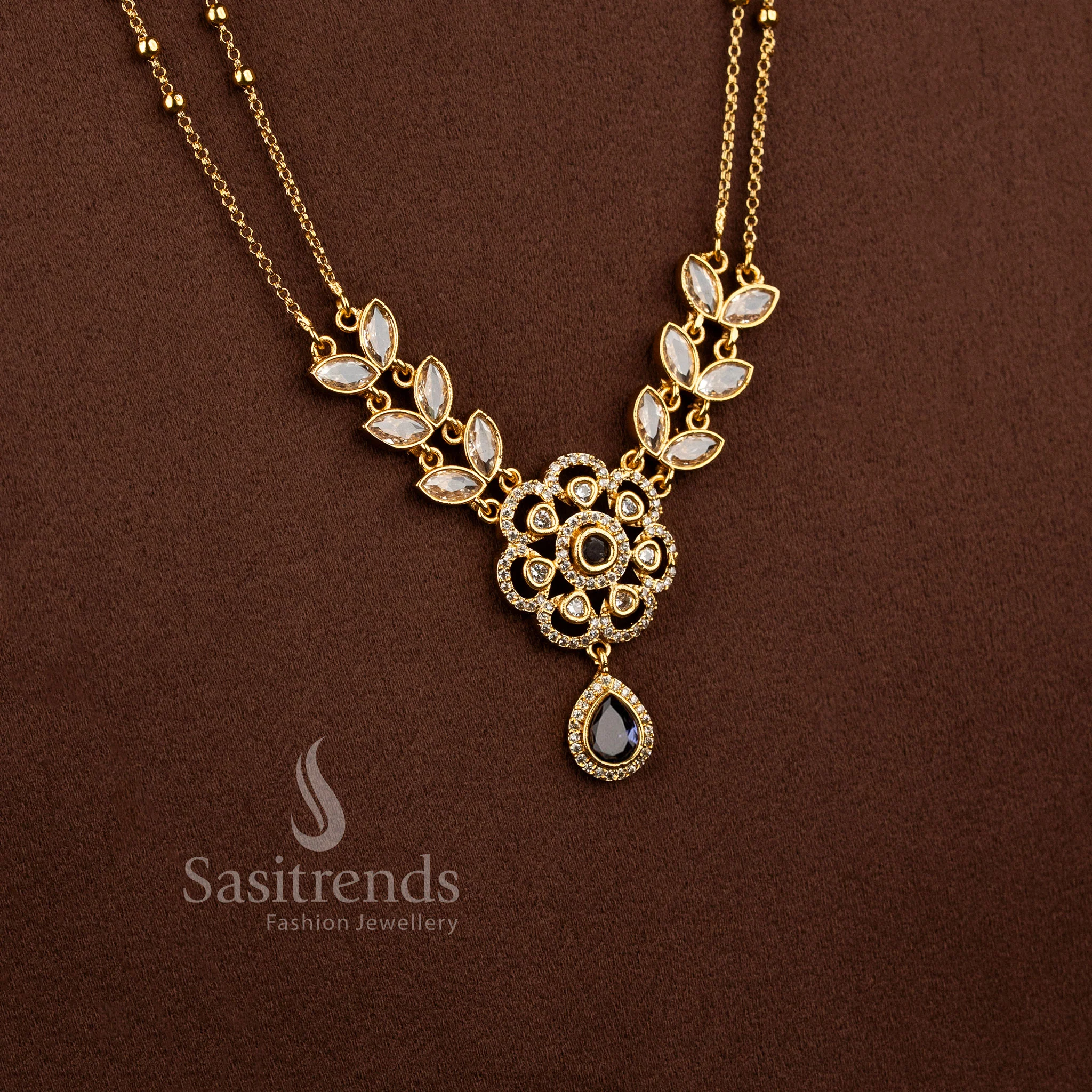 Exquisite American Diamond Matte Gold Two Line Floral Necklace Set for Women | Elegant Dual Layer Traditional Jewellery - Image 21