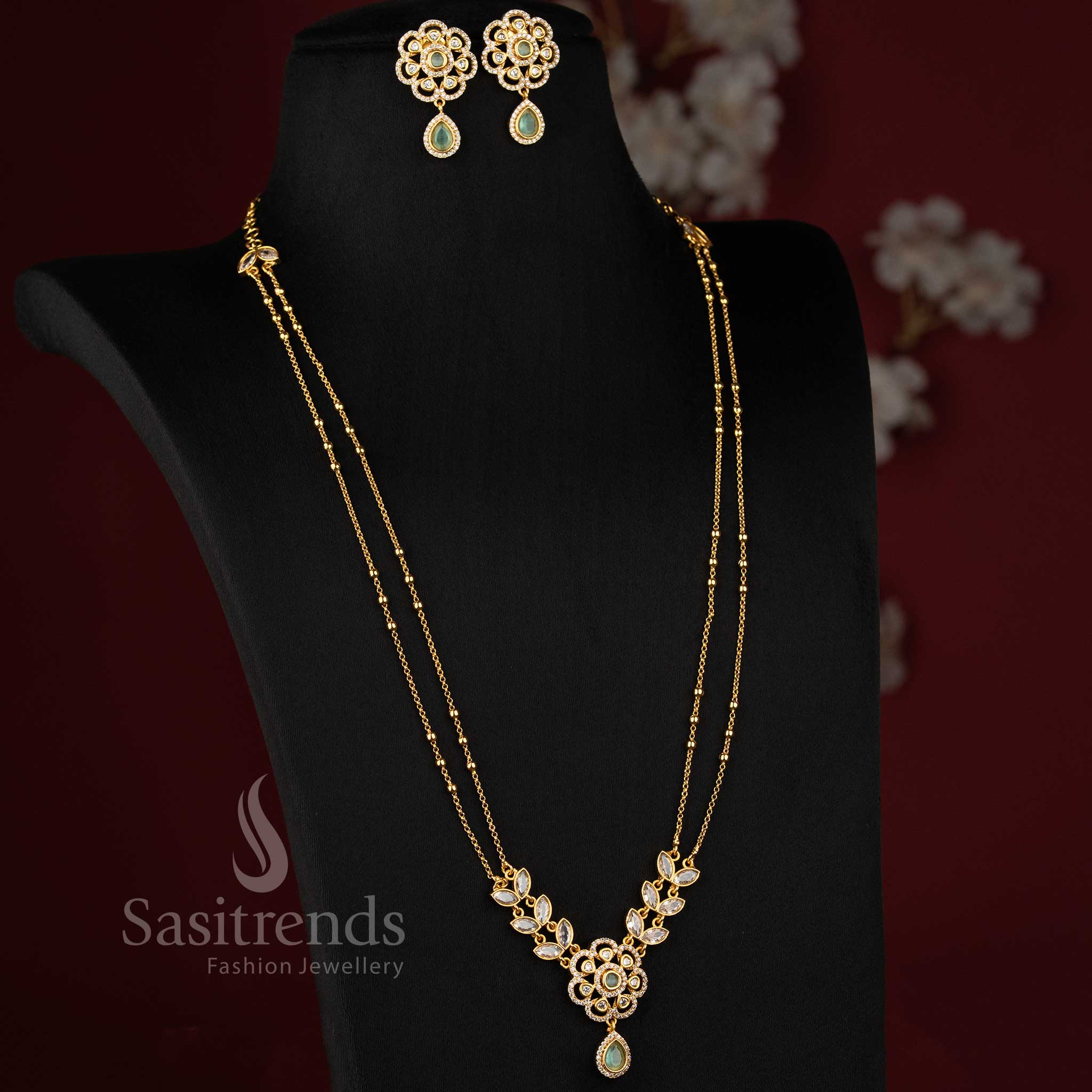 Exquisite American Diamond Matte Gold Two Line Floral Necklace Set for Women | Elegant Dual Layer Traditional Jewellery - Image 4