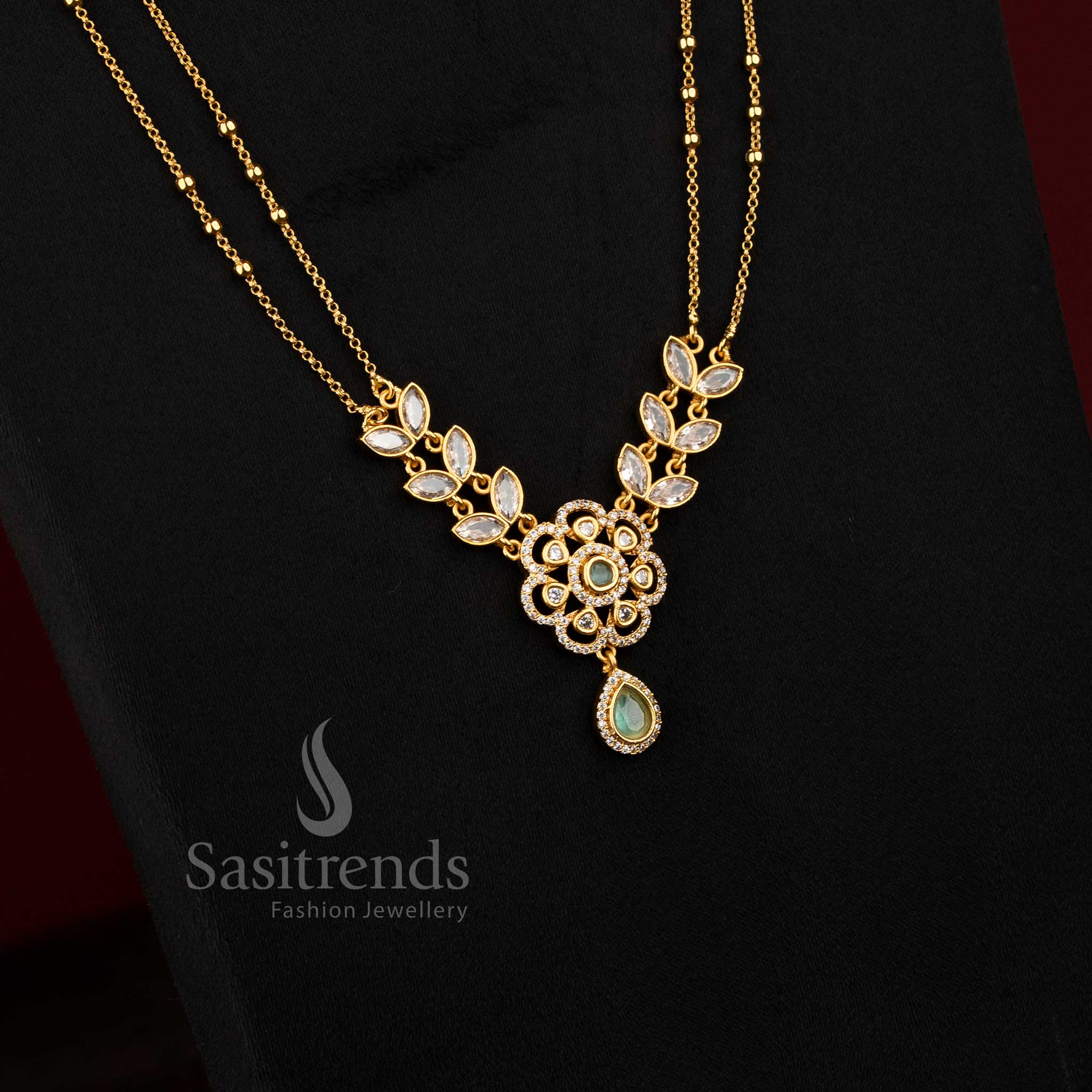 Exquisite American Diamond Matte Gold Two Line Floral Necklace Set for Women | Elegant Dual Layer Traditional Jewellery - Image 5