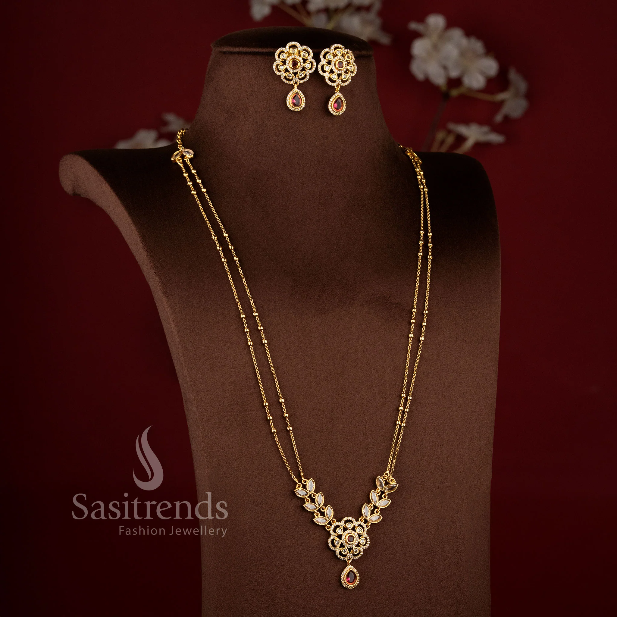 Exquisite American Diamond Matte Gold Two Line Floral Necklace Set for Women | Elegant Dual Layer Traditional Jewellery - Image 6