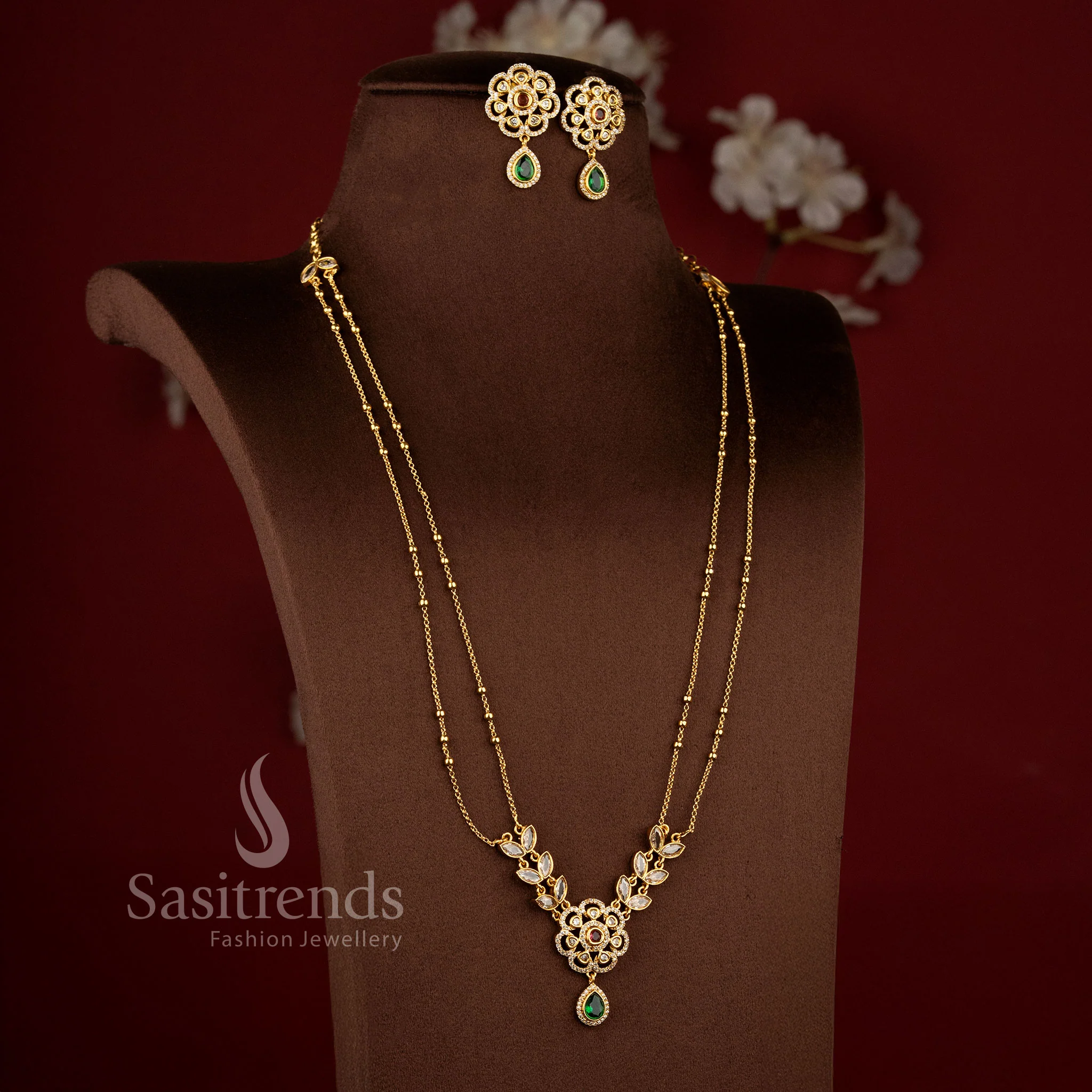 Exquisite American Diamond Matte Gold Two Line Floral Necklace Set for Women | Elegant Dual Layer Traditional Jewellery - Image 8