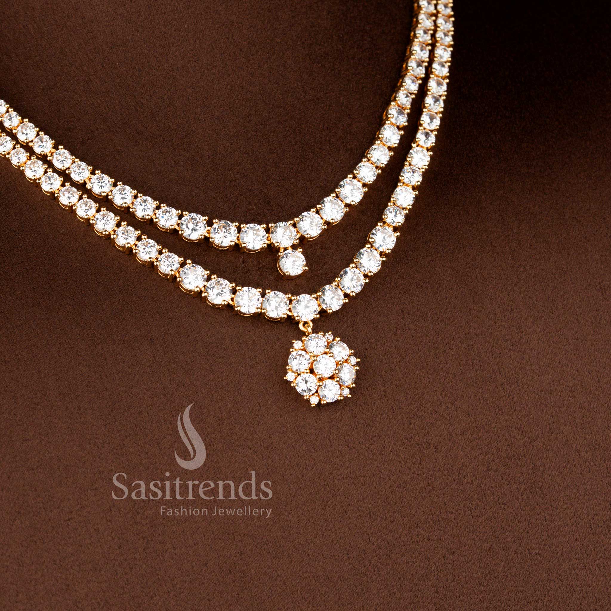Amazing American Diamond Micro Gold Plated Celestial Bloom Double Layer Necklace Jewellery Set - Sasitrends - Image 2