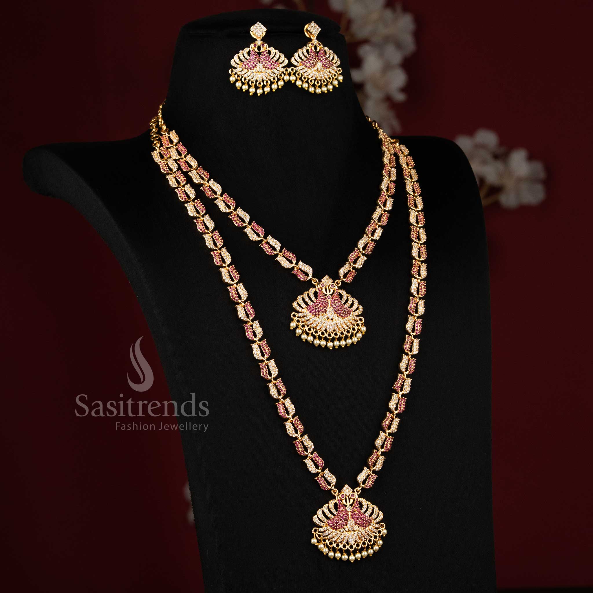 American Diamond Micro Gold Plated Peacock Lotus Short Long Combo Necklace Jewellery Set for Bridal and Weddings