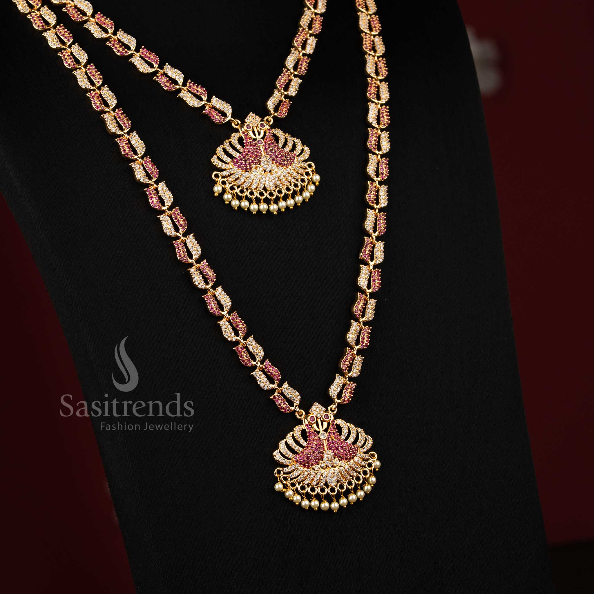 American Diamond Micro Gold Plated Peacock Lotus Short Long Combo Necklace Jewellery Set for Bridal and Weddings - Image 2