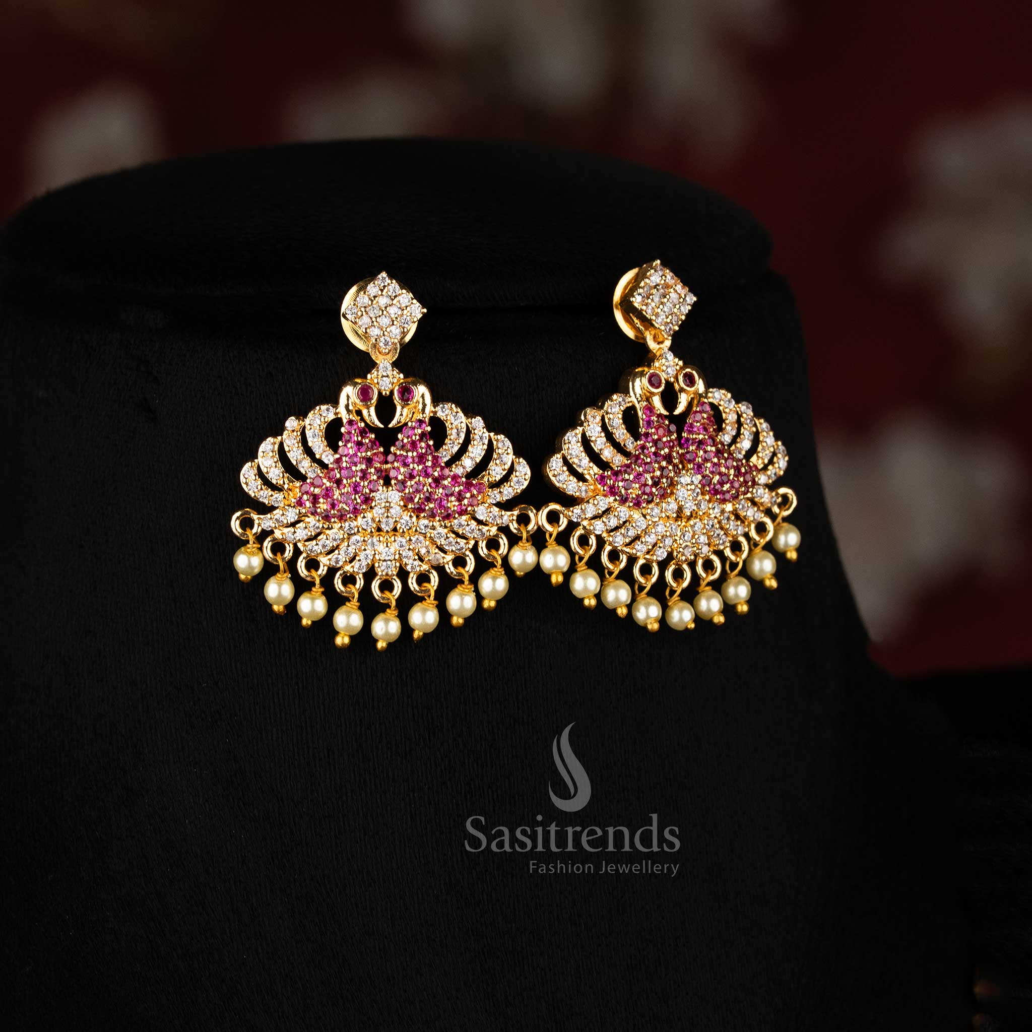 American Diamond Micro Gold Plated Peacock Lotus Short Long Combo Necklace Jewellery Set for Bridal and Weddings - Image 5