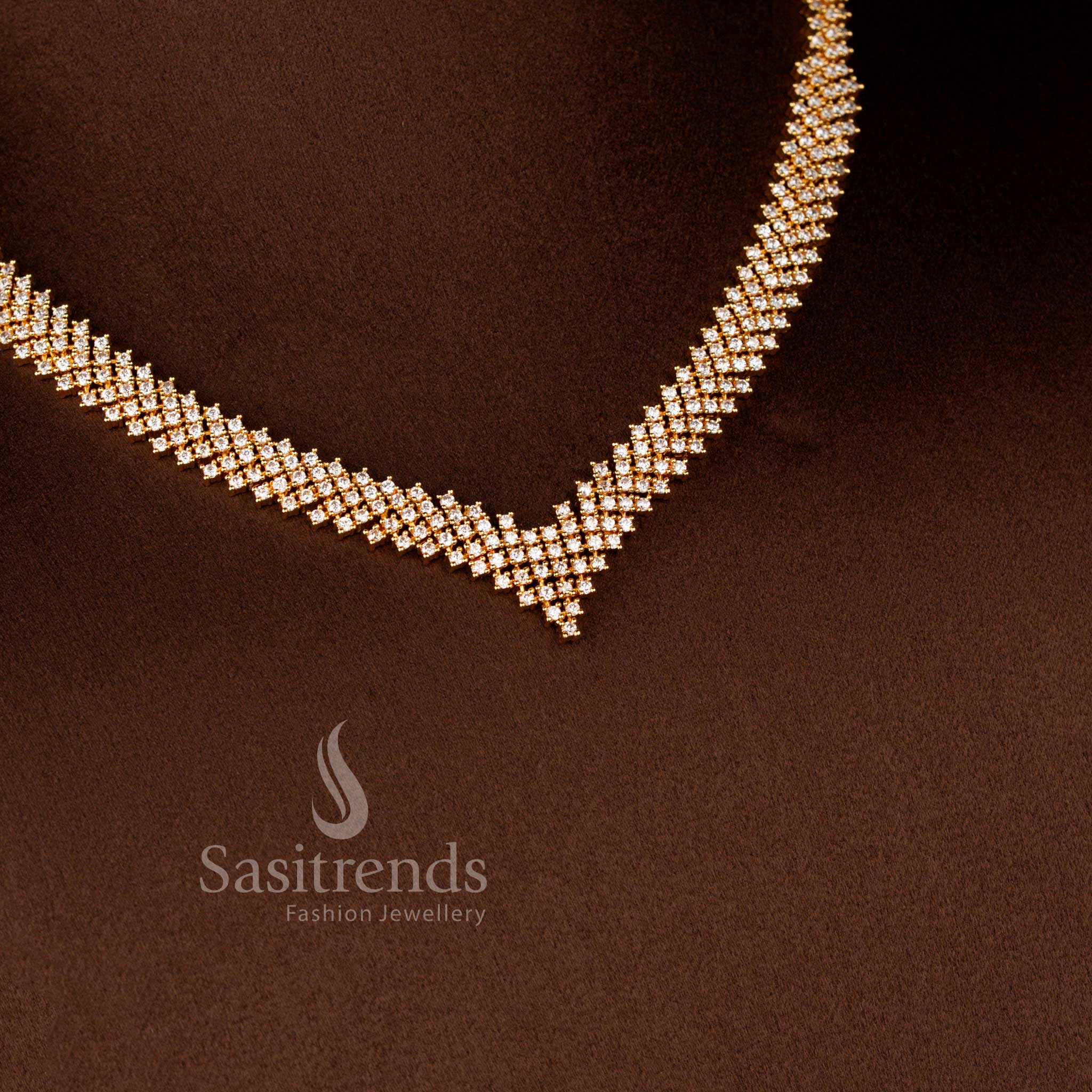 Trendy American Diamond Micro Gold Plated V Pattern Necklace Jewellery Set For Party Wear - Sasitrends - Image 2