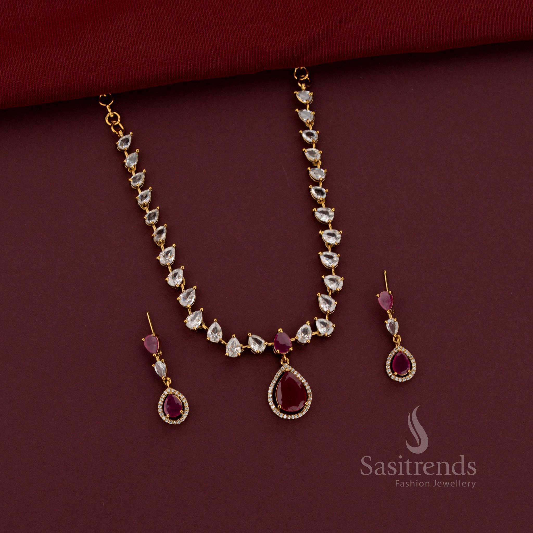 Sparkling American Diamond Pear Cut Designer Necklace Set for Weddings & Party Wear - Sasitrends