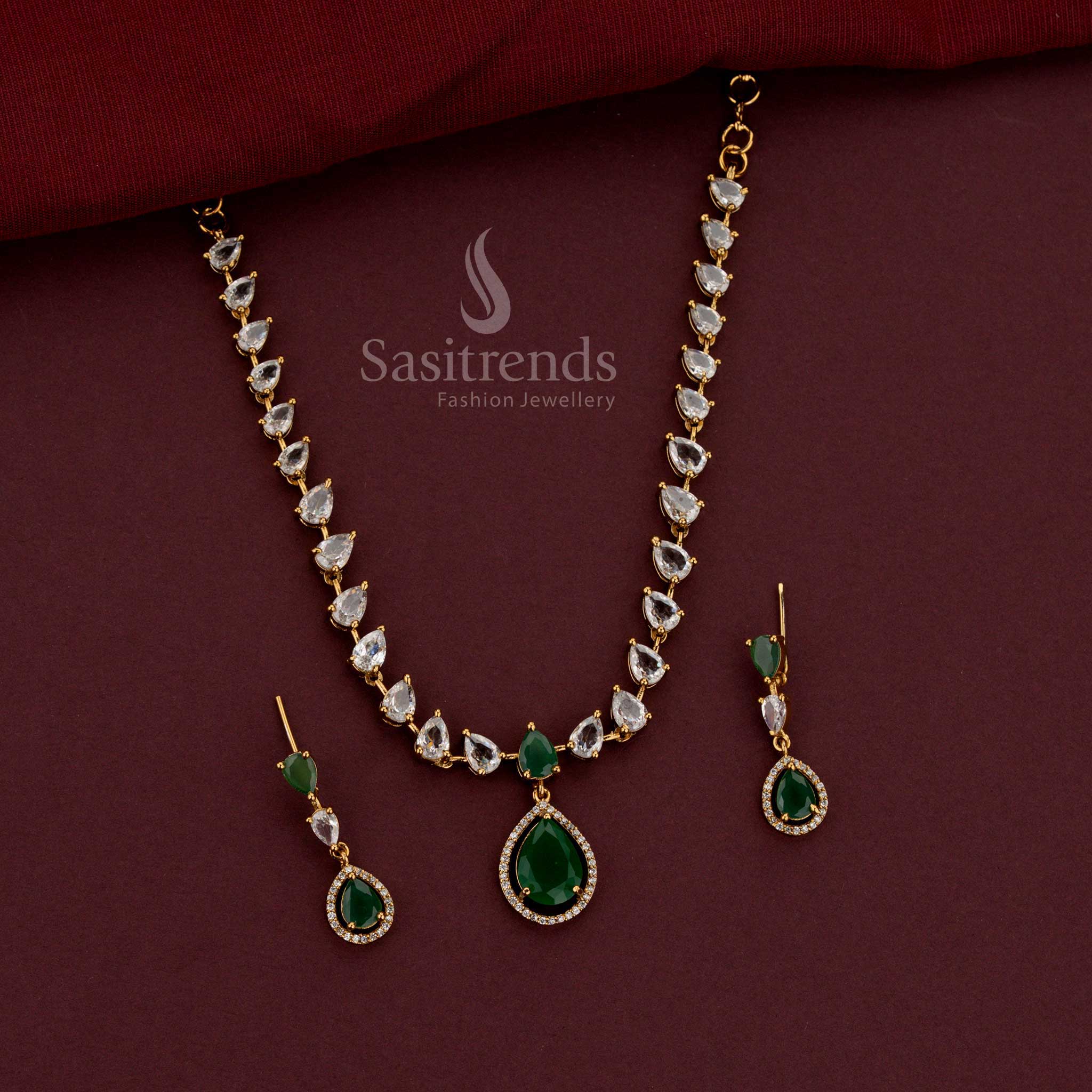 Sparkling American Diamond Pear Cut Designer Necklace Set for Weddings & Party Wear - Sasitrends - Image 3