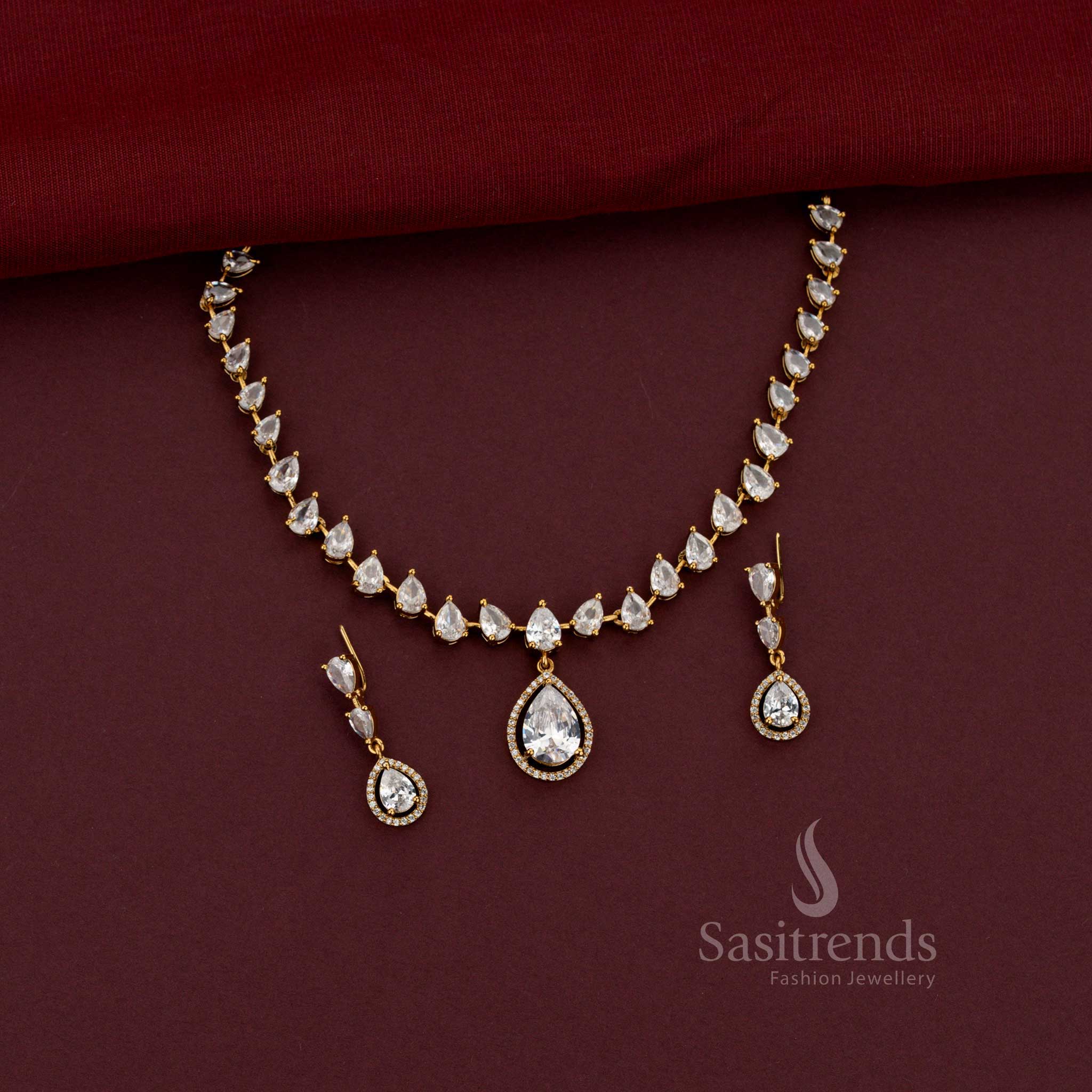 Sparkling American Diamond Pear Cut Designer Necklace Set for Weddings & Party Wear - Sasitrends - Image 4