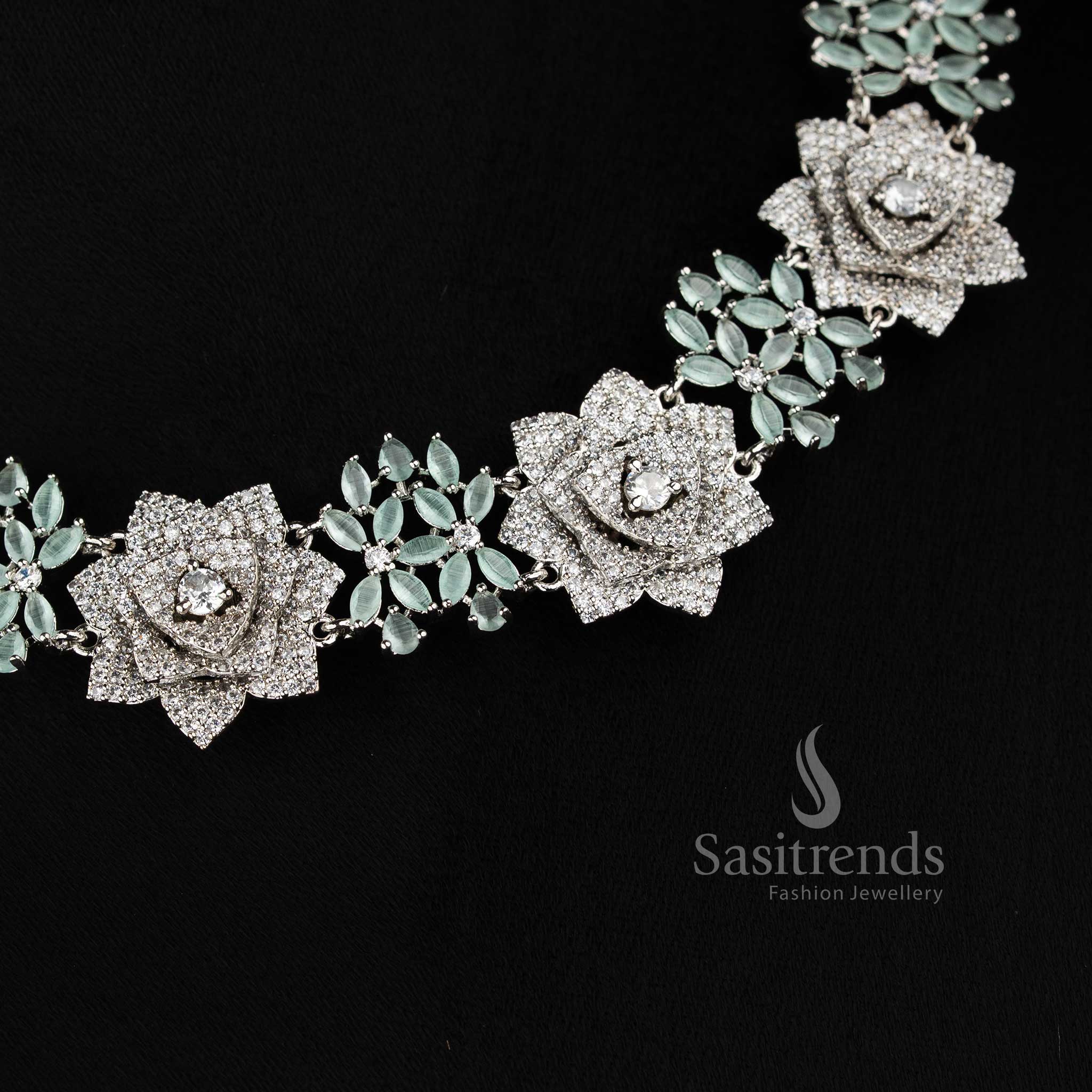 Grand Floral Design Rhodium Silver Plated American Diamond Necklace Jewellery Set for Party - Sasitrends - Image 11