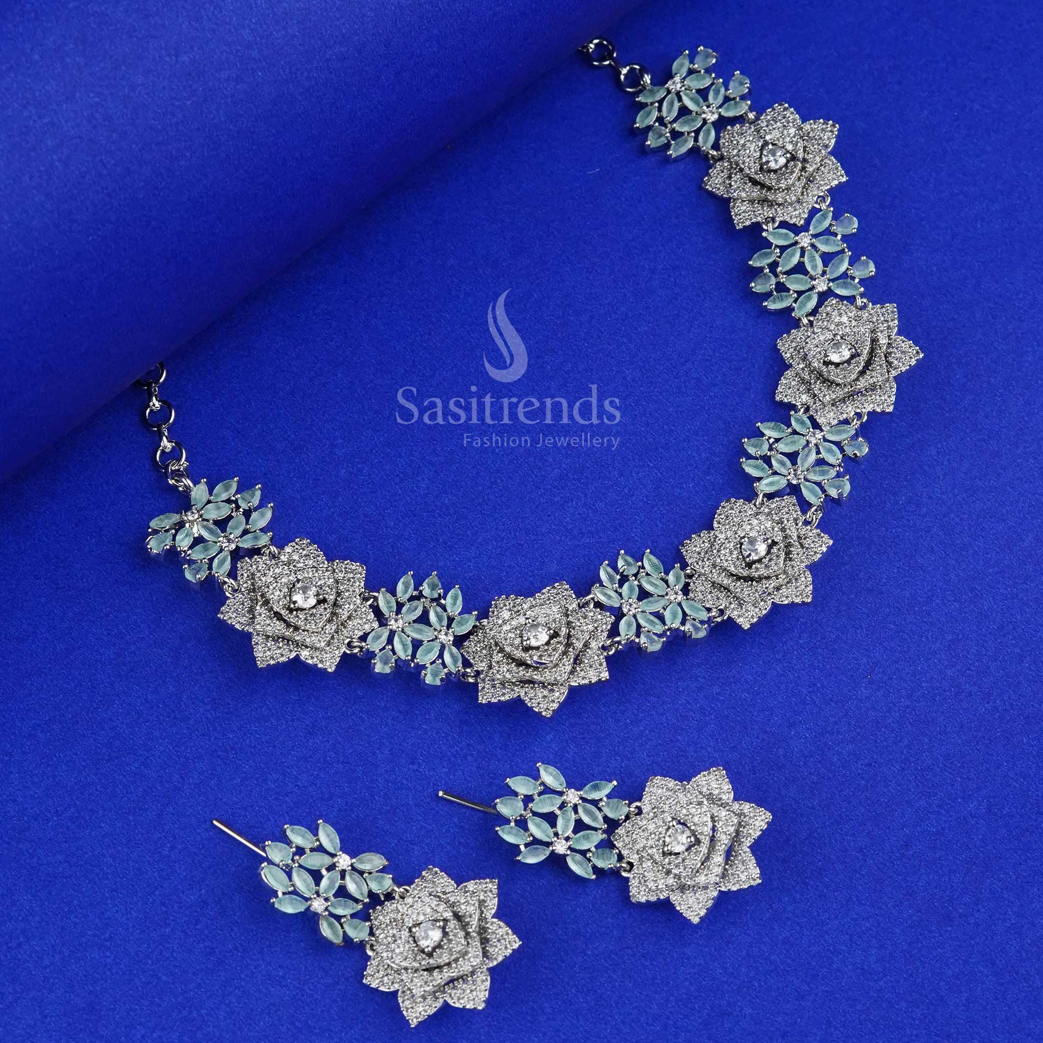 Grand Floral Design Rhodium Silver Plated American Diamond Necklace Jewellery Set for Party - Sasitrends - Image 15