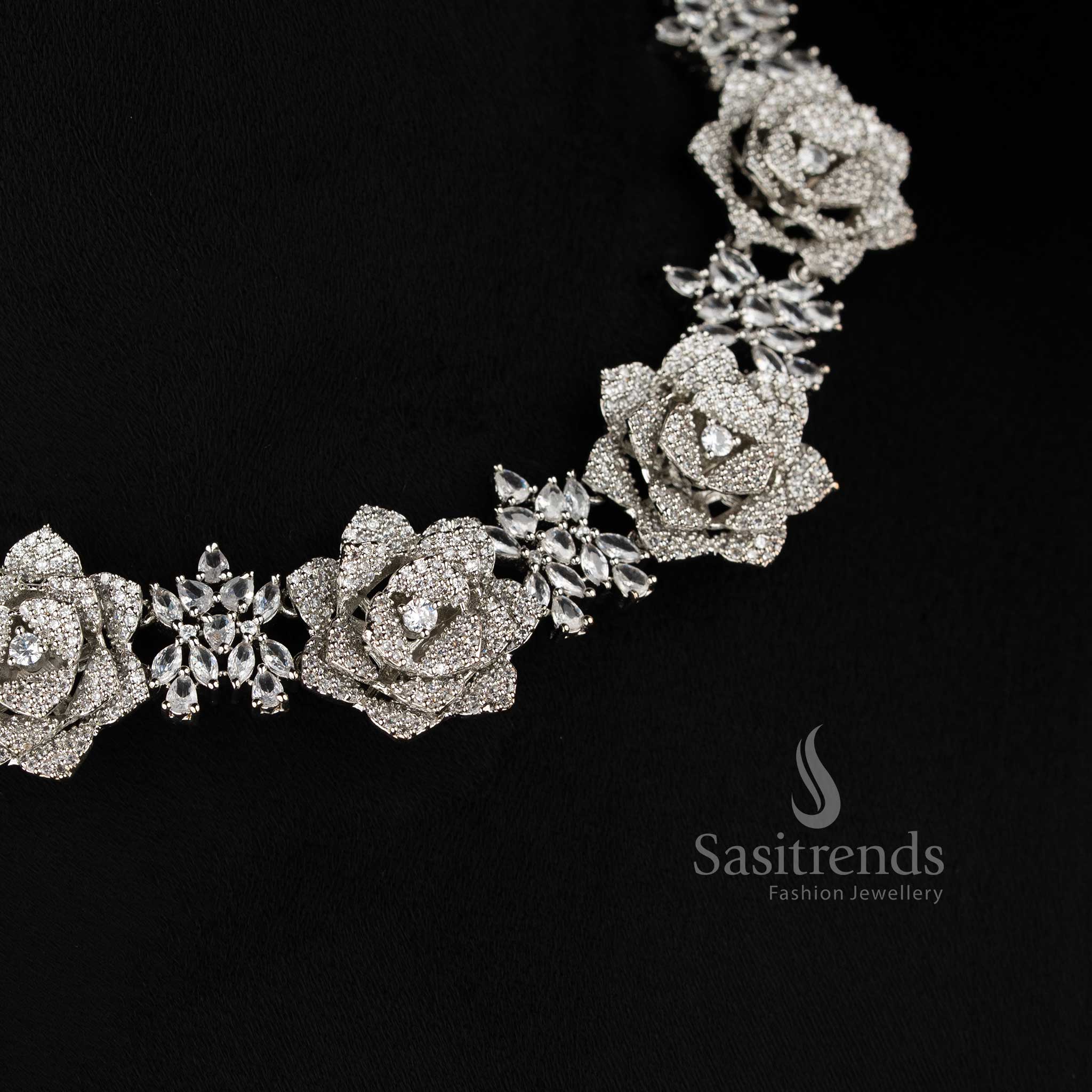 Grand Floral Design Rhodium Silver Plated American Diamond Necklace Jewellery Set for Party - Sasitrends - Image 5