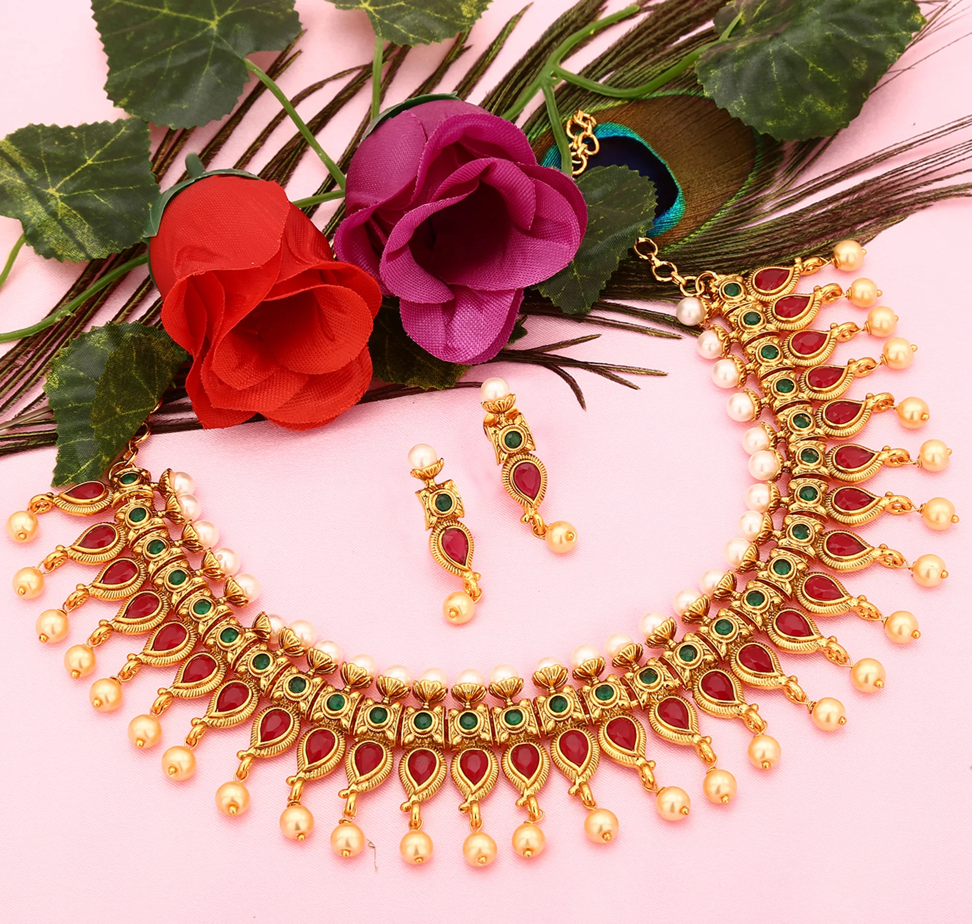 Sasitrends Antique AD Stone Studded Pearl Necklace Jewellery Set for Women and Girls - Image 3
