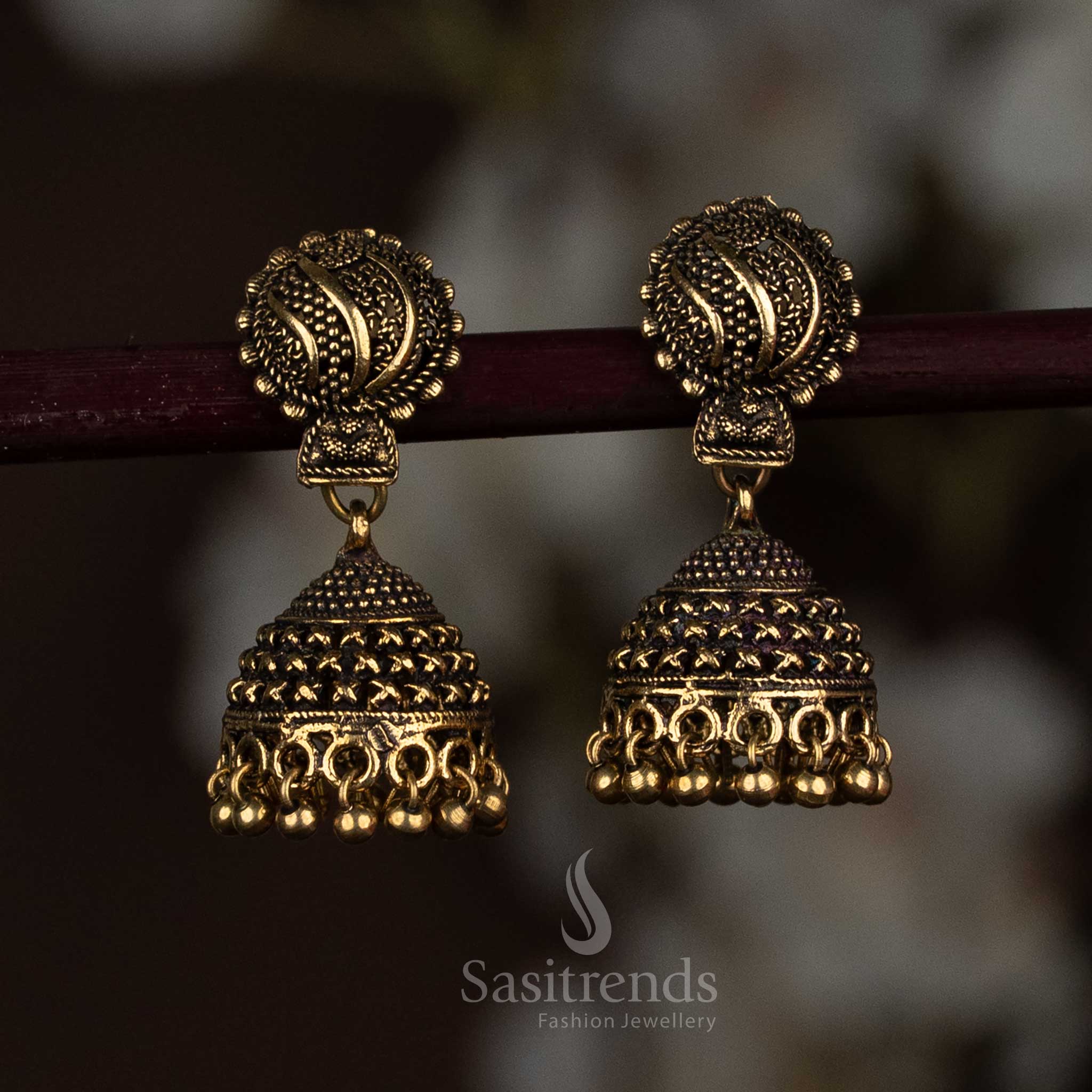 Antique Gold and Oxidised Silver Plated Oxidised Dome Jhumka Earrings With Ornamental Carving And Beaded Edge Accents -Sasitrends