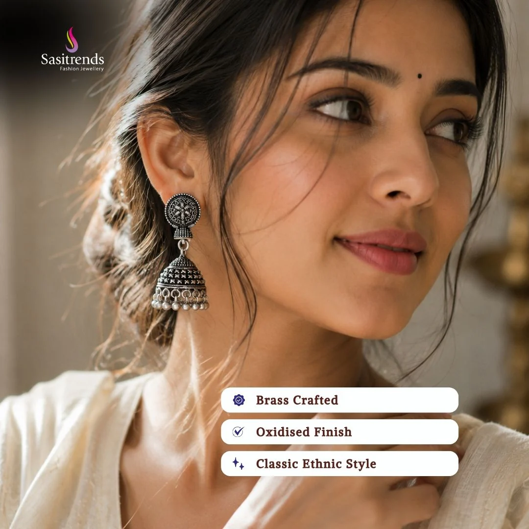 Antique Gold and Oxidised Silver Plated Oxidised Dome Jhumka Earrings With Ornamental Carving And Beaded Edge Accents -Sasitrends - Image 2