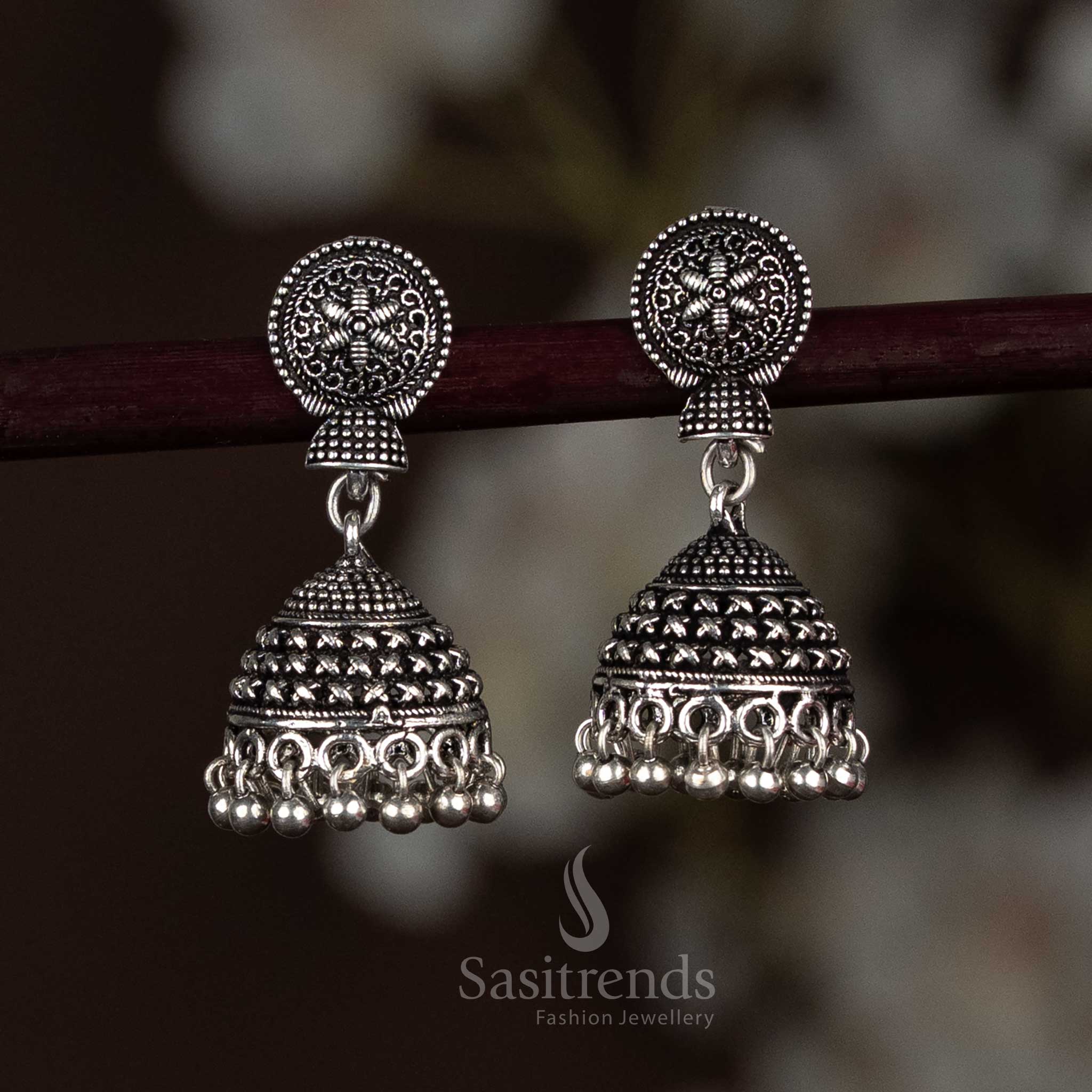 Antique Gold and Oxidised Silver Plated Oxidised Dome Jhumka Earrings With Ornamental Carving And Beaded Edge Accents -Sasitrends - Image 3