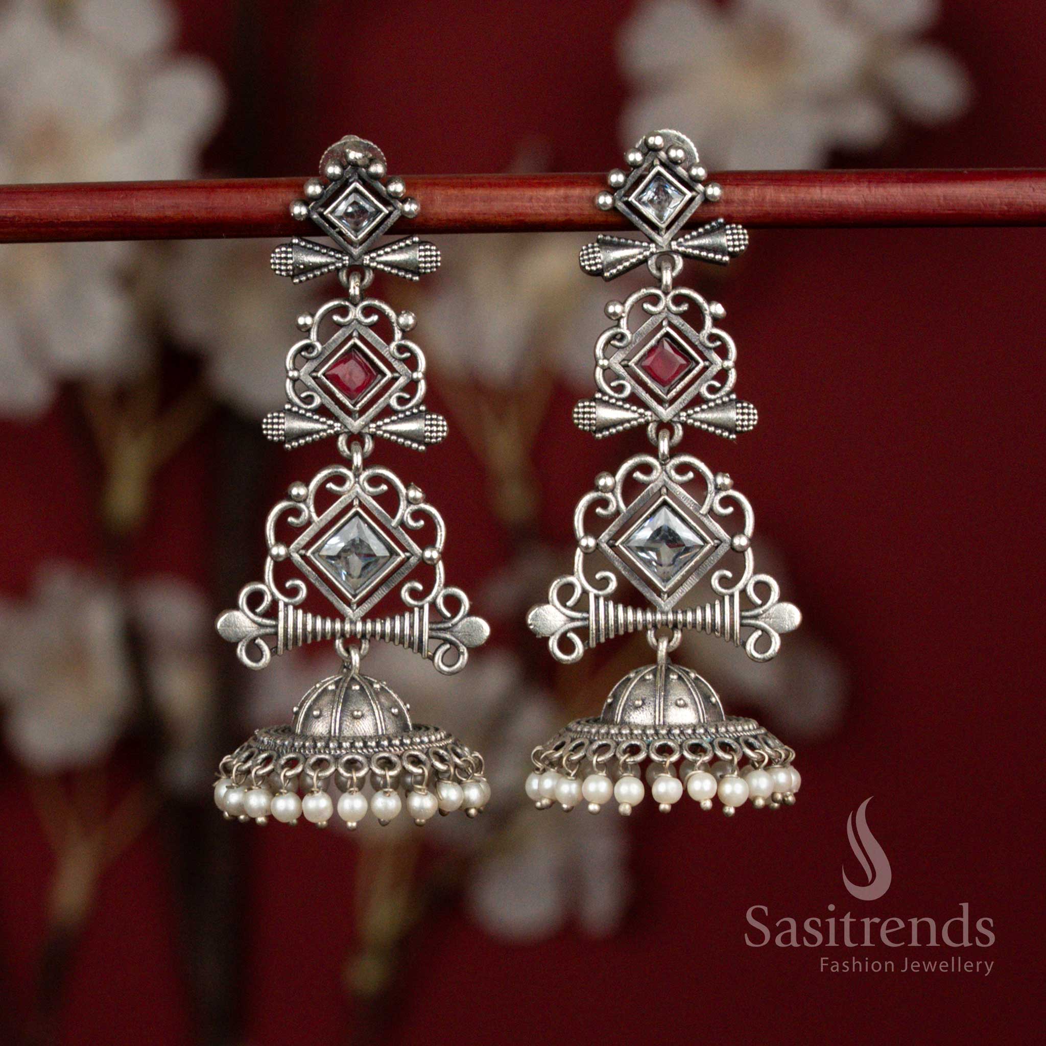 Stunning Antique Oxidised 92.5 Silver Plated Geometric Stone Long Jhumka Earrings with Pearl Hangings for Ethnic Wear - Image 4