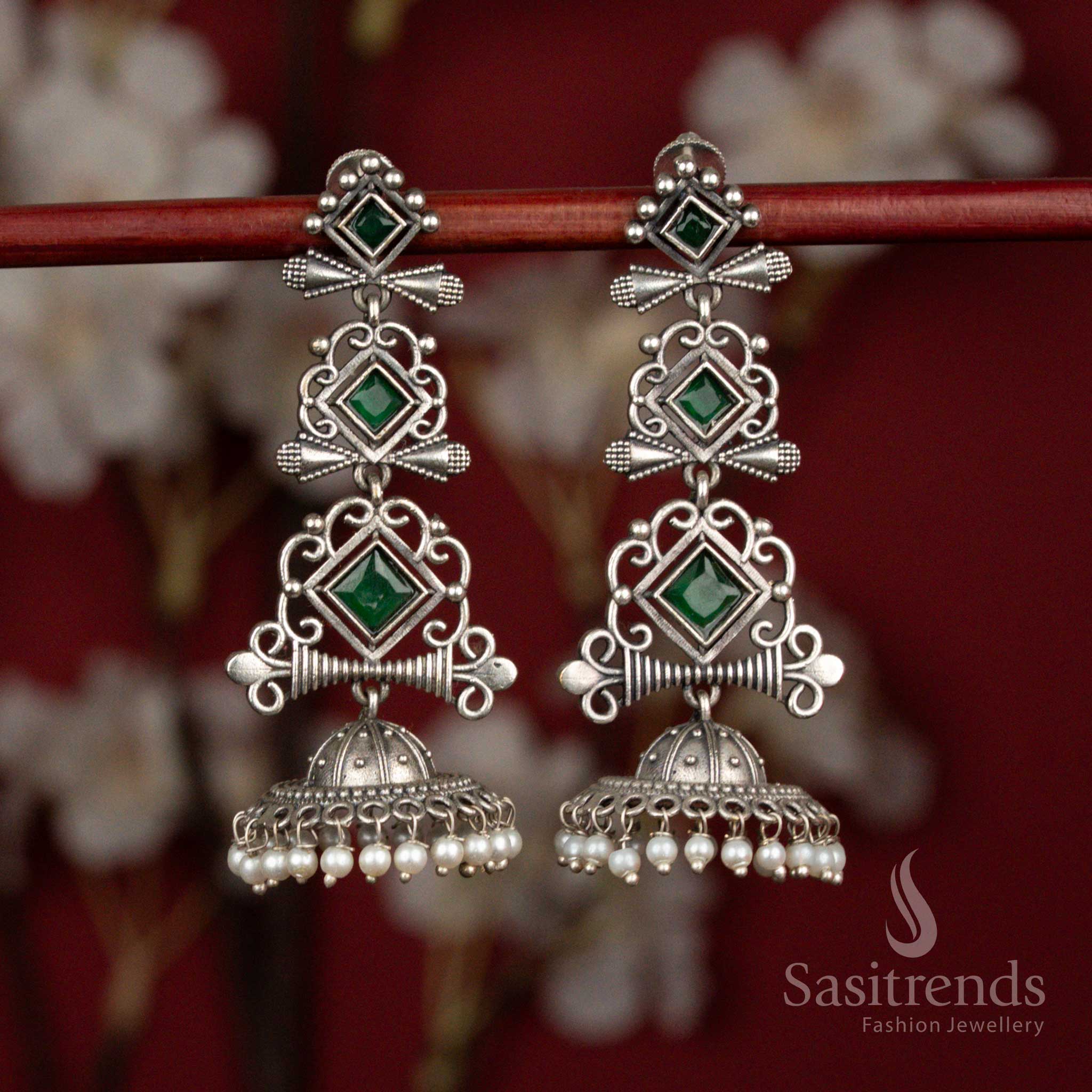 Stunning Antique Oxidised 92.5 Silver Plated Geometric Stone Long Jhumka Earrings with Pearl Hangings for Ethnic Wear - Image 5