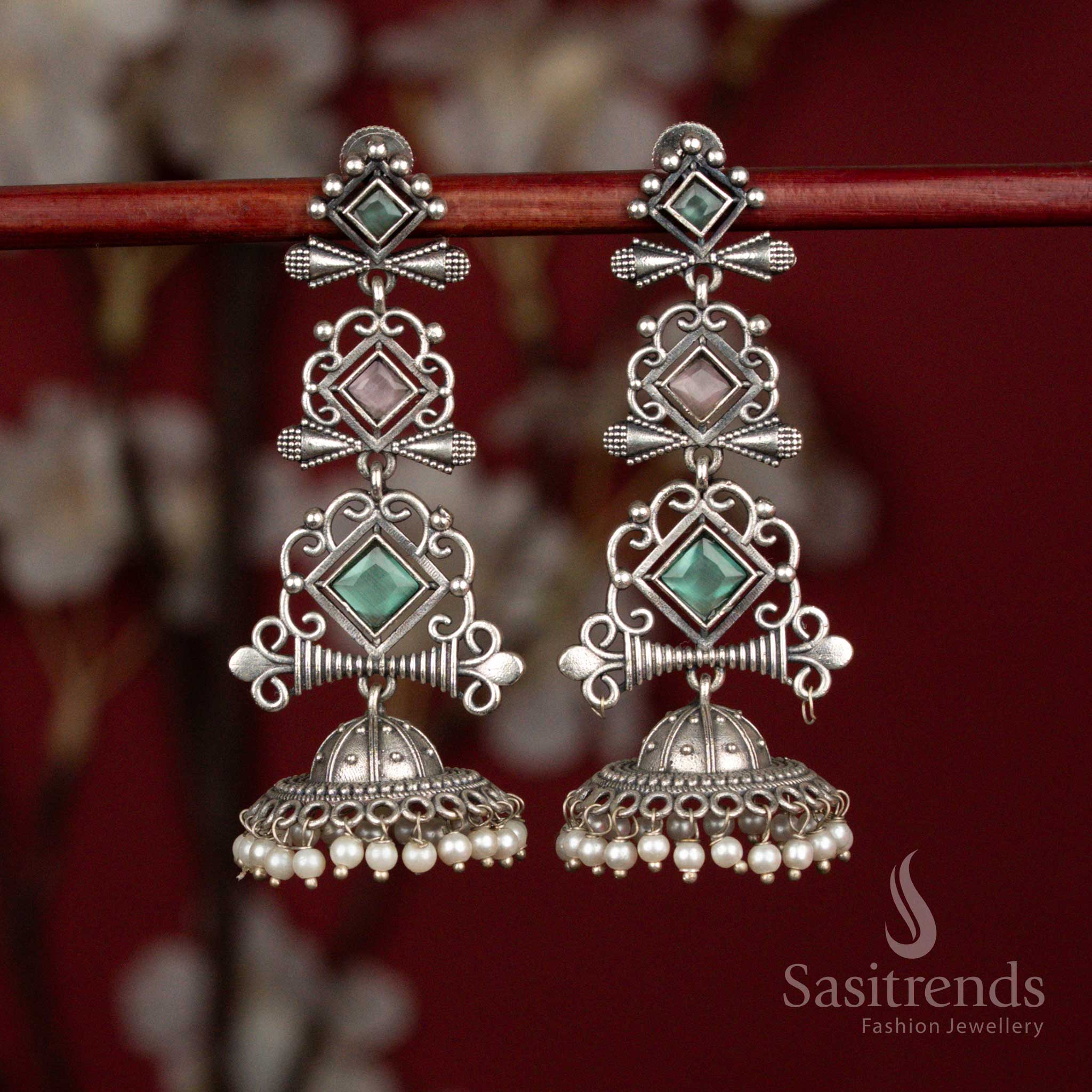 Stunning Antique Oxidised 92.5 Silver Plated Geometric Stone Long Jhumka Earrings with Pearl Hangings for Ethnic Wear - Image 6