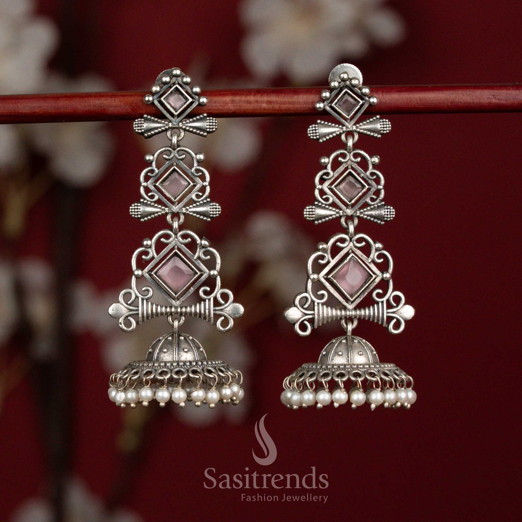 Stunning Antique Oxidised 92.5 Silver Plated Geometric Stone Long Jhumka Earrings with Pearl Hangings for Ethnic Wear - Image 7