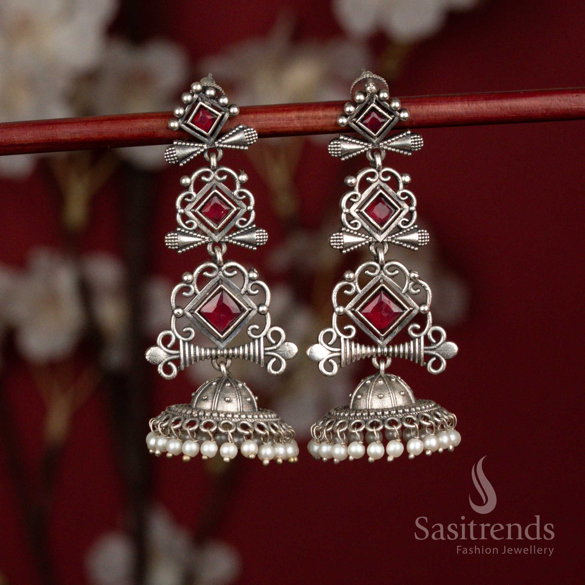Stunning Antique Oxidised 92.5 Silver Plated Geometric Stone Long Jhumka Earrings with Pearl Hangings for Ethnic Wear - Image 8