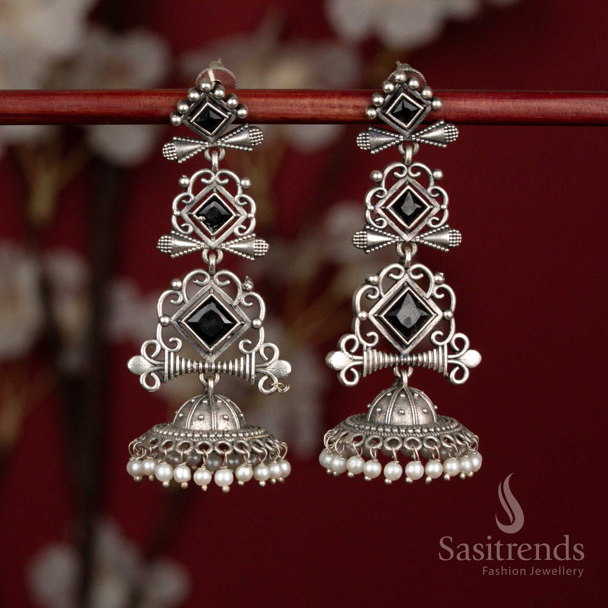 Stunning Antique Oxidised 92.5 Silver Plated Geometric Stone Long Jhumka Earrings with Pearl Hangings for Ethnic Wear - Image 9