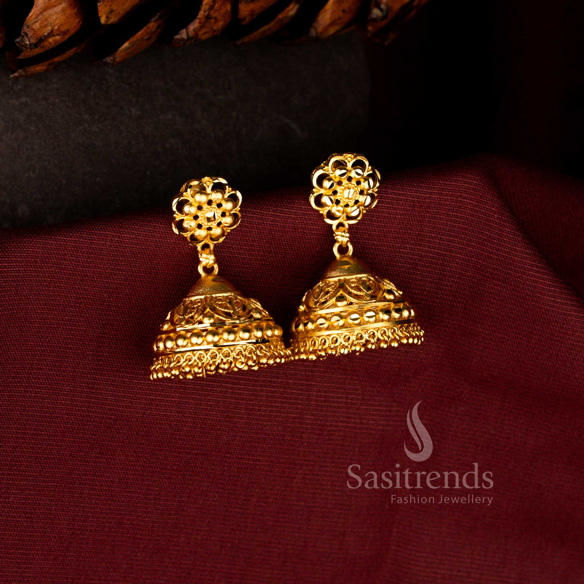 Dazzling Forming Micro Gold Plated Traditional 24K Floral Engraved Dome Jhumka Earrings | Perfect for Festive Occasions & Pooja Functions